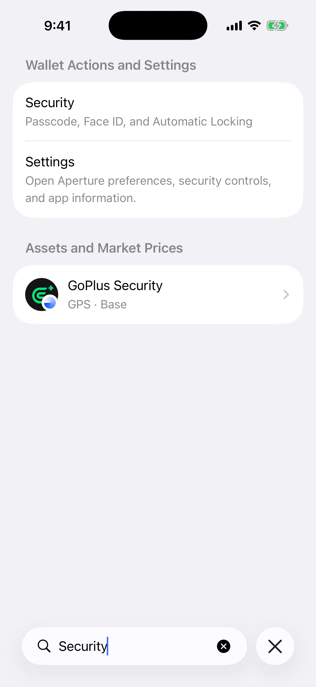 Real Oath Universal Search results in the iOS Simulator for Security across settings and an identity-qualified asset