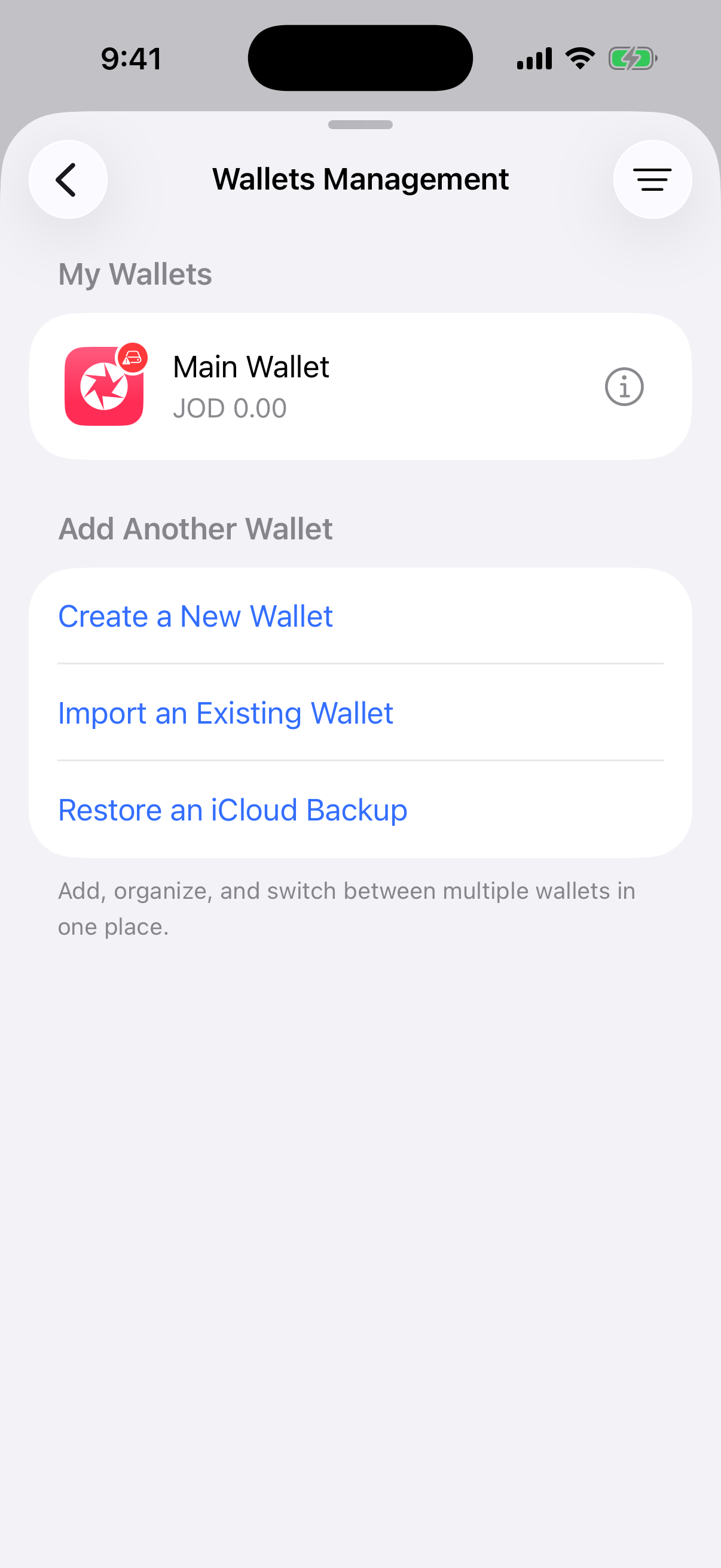 Oath Wallets Management showing the Restore an iCloud Backup action