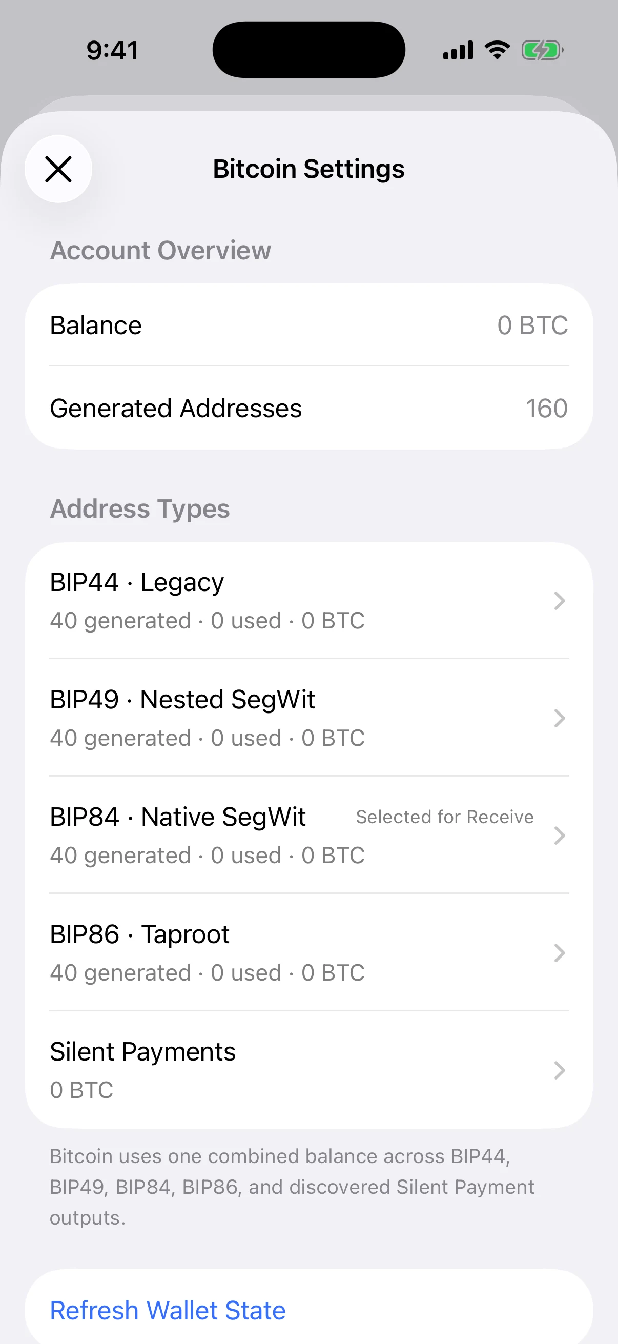 Real Oath Bitcoin Settings screen in the iOS Simulator showing 160 generated addresses across BIP44, BIP49, BIP84, and BIP86