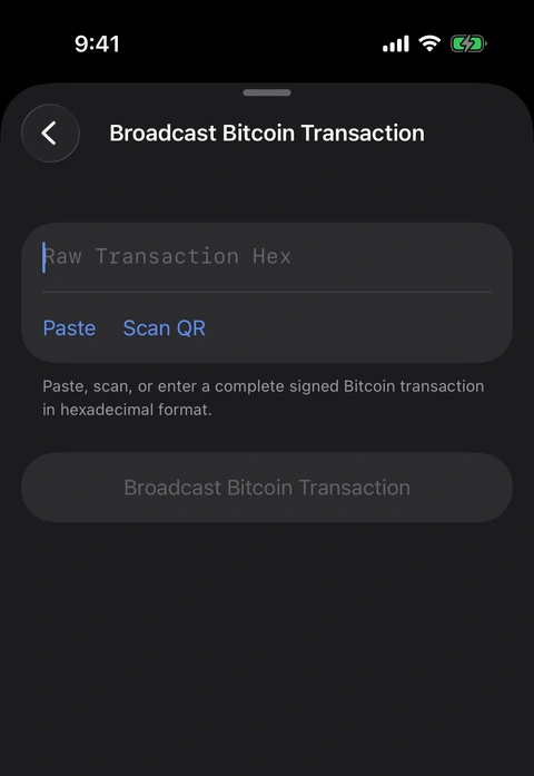 The real Oath Broadcast Bitcoin Transaction tool with an empty raw-hex field and a disabled broadcast action.