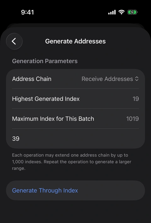 Oath Generate Addresses screen showing highest index 19, batch maximum 1019, and target index 39.