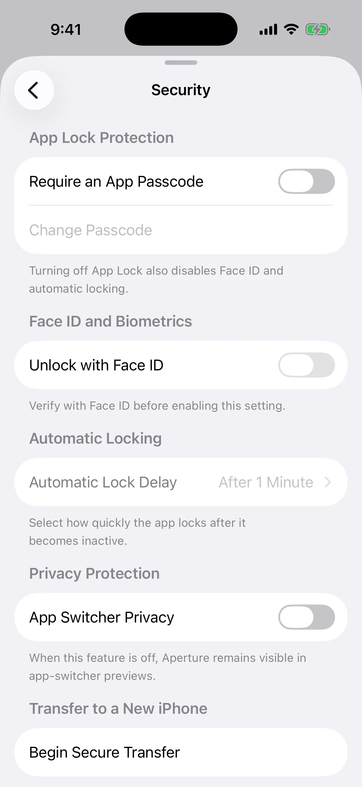 Real Oath Security settings in the iOS Simulator before App Lock and App Switcher Privacy are enabled
