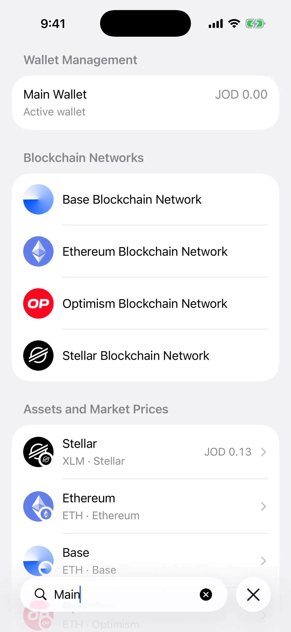 Real Oath Universal Search results in the iOS Simulator for Main, showing the active wallet, mainnet networks, and assets