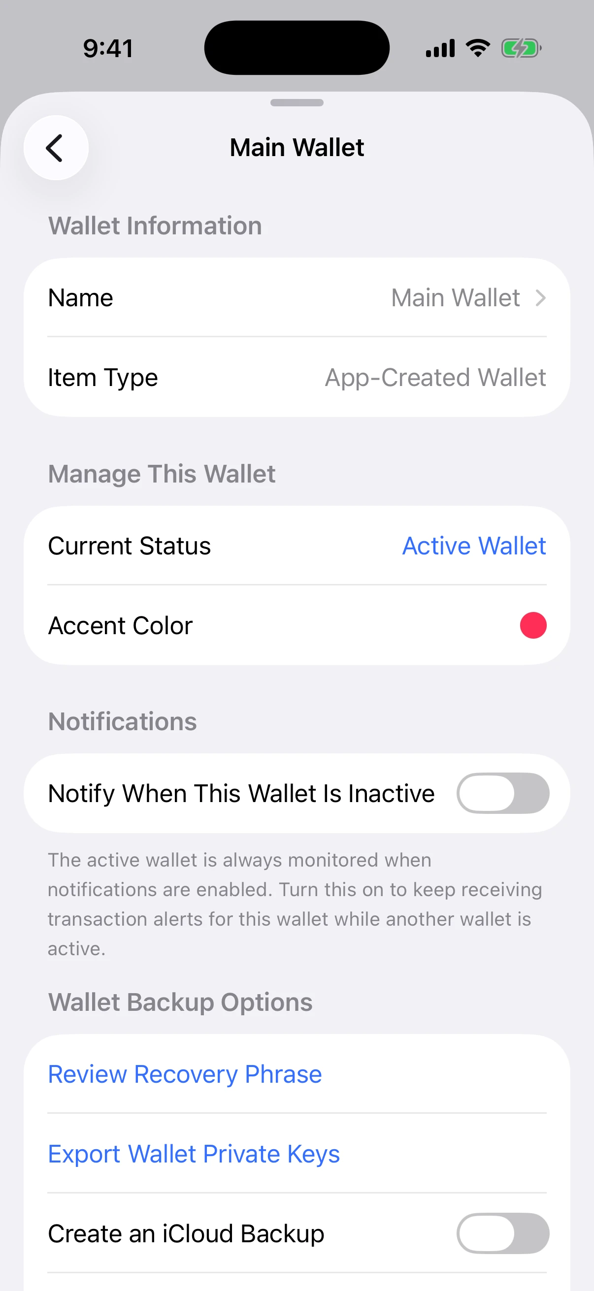 Real Oath wallet settings showing deliberate recovery-phrase review, private-key export, and optional iCloud Backup controls