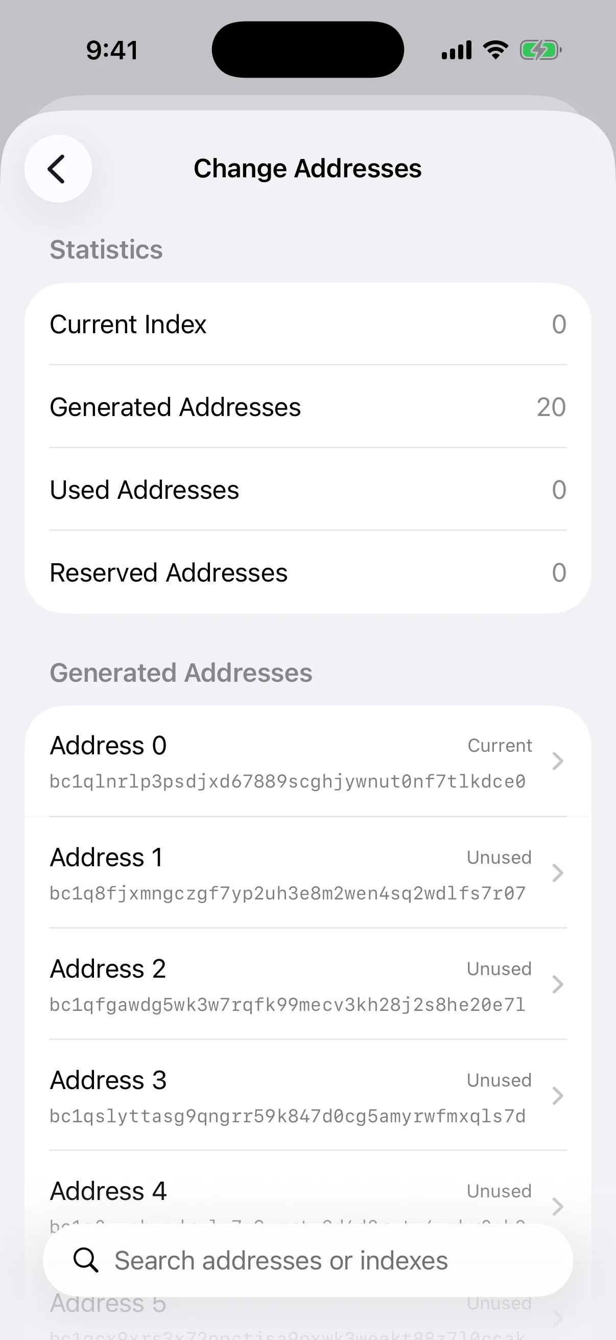 Real Oath Change Addresses screen in the iOS Simulator showing a separate pool of internal BIP84 change addresses