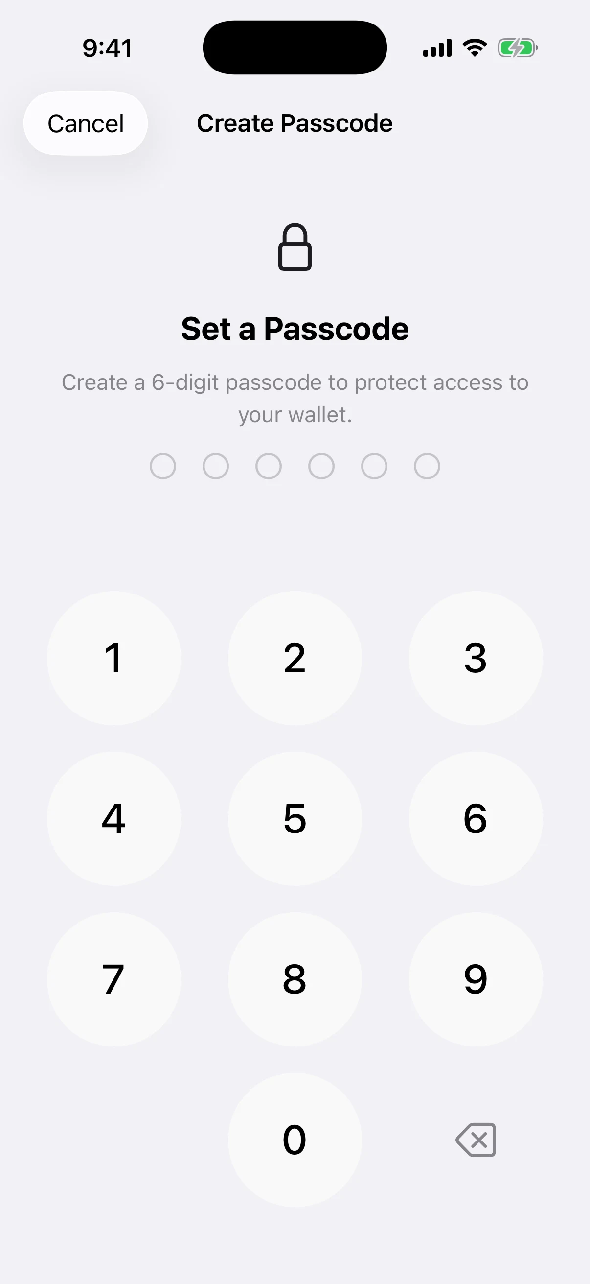 Real Oath Create Passcode screen in the iOS Simulator before any digit is entered