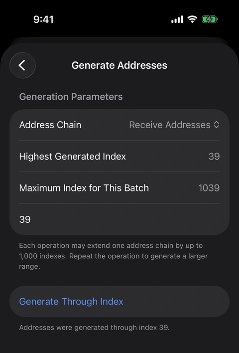 Oath confirms that receiving addresses were generated through index 39 and updates the batch ceiling to 1039.