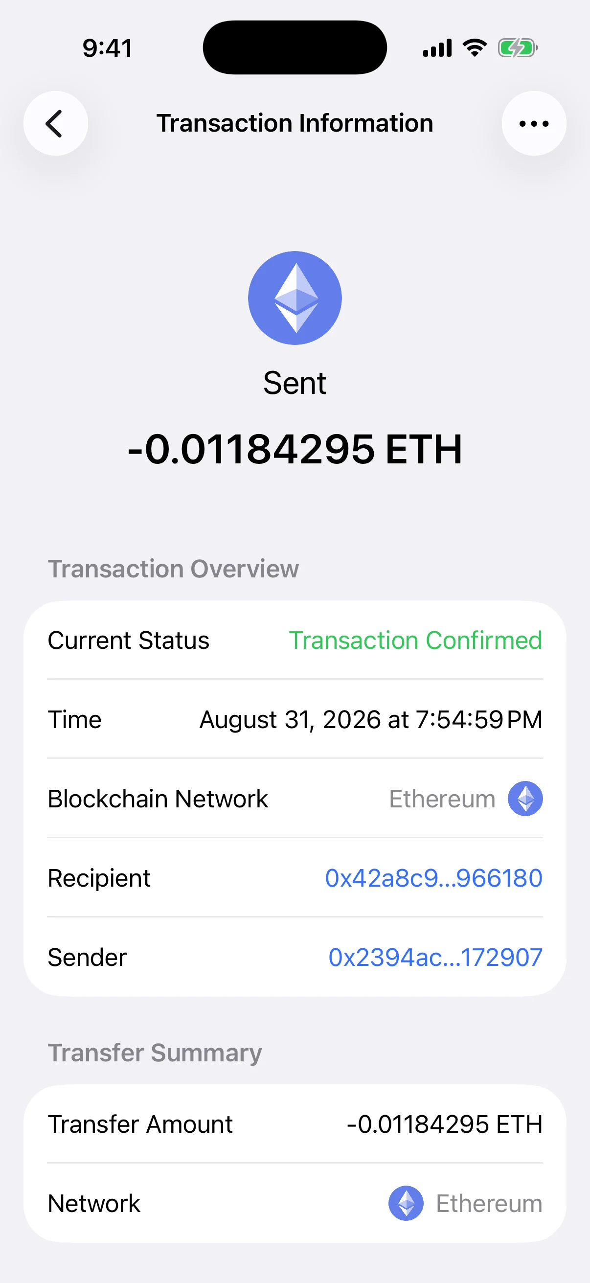 Real Oath Transaction Information screen showing confirmed status, timestamp, Ethereum network, recipient, sender, and transfer amount