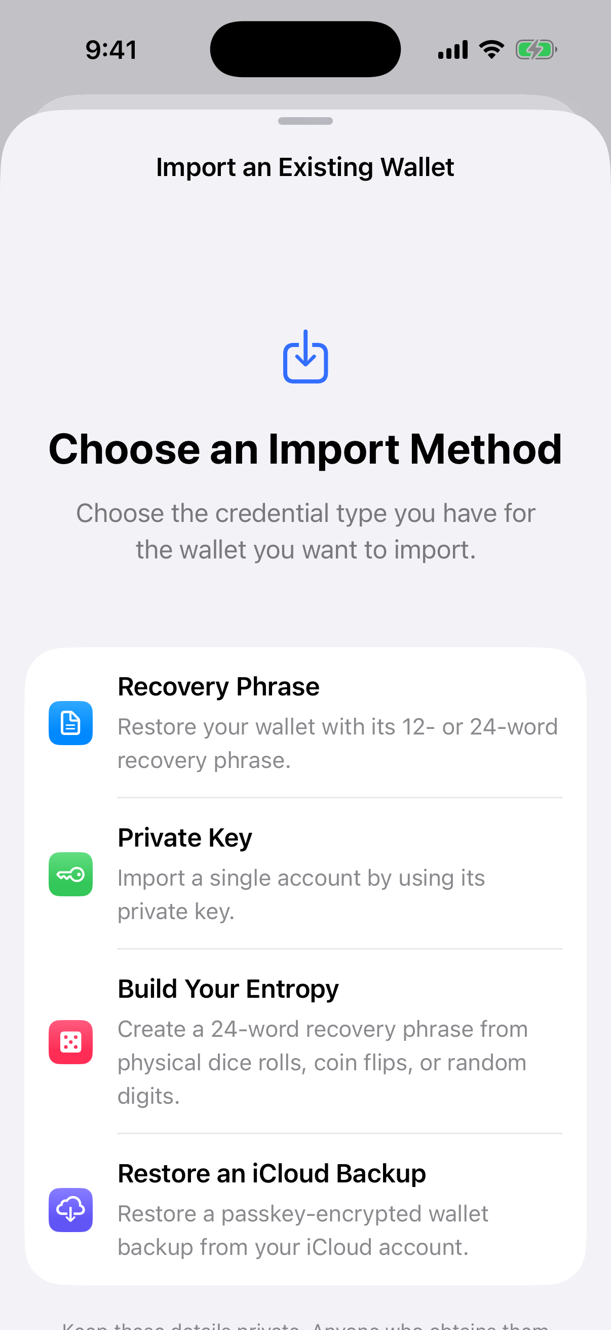 Oath Import an Existing Wallet screen showing recovery phrase and iCloud restore methods