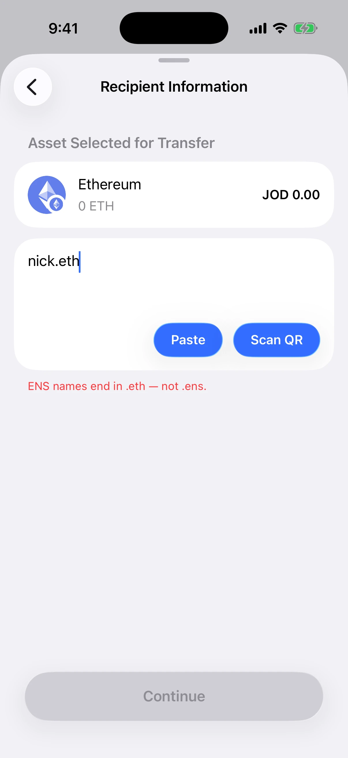 Real Oath iOS Simulator screen explaining that ENS names end in dot eth rather than dot ens