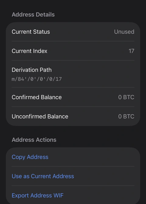 Cropped Oath address details for Native SegWit receive index 17, with its derivation path and Use as Current Address action.