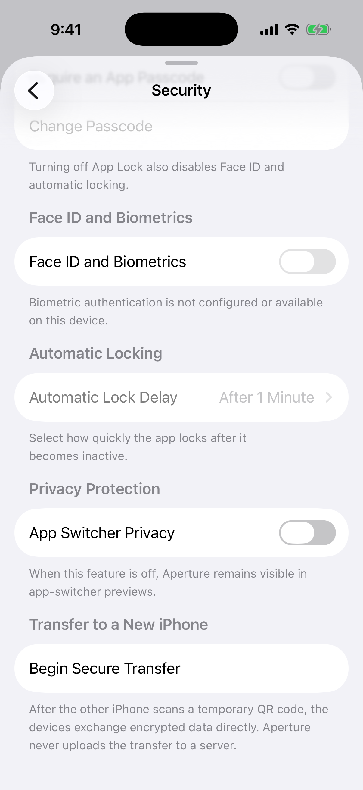 Oath Security settings showing the Transfer to a New iPhone section and Begin Secure Transfer action