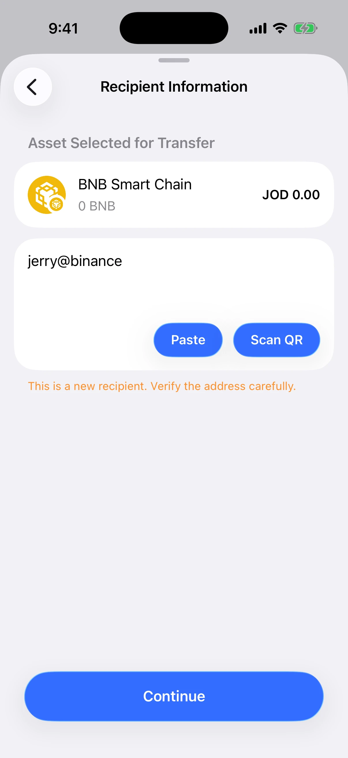 Real Oath iOS Simulator screen showing the public example payment ID jerry at binance resolved for BNB Smart Chain