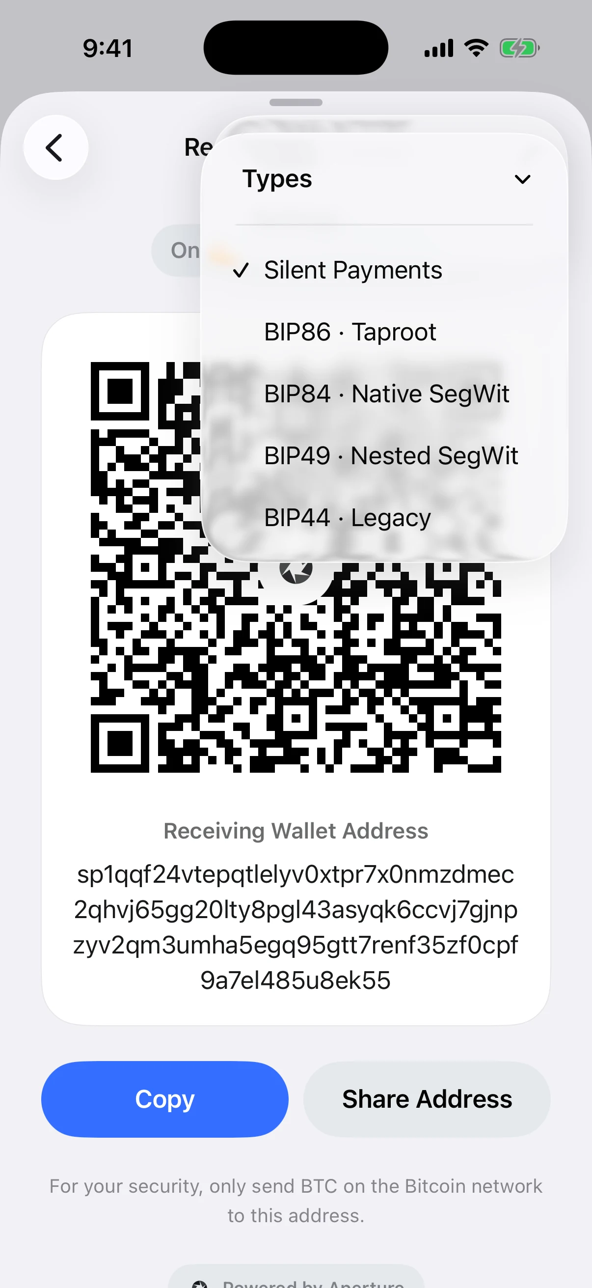 Real Oath Bitcoin address type menu in the iOS Simulator showing Silent Payments, BIP86 Taproot, BIP84 Native SegWit, BIP49 Nested SegWit, and BIP44 Legacy