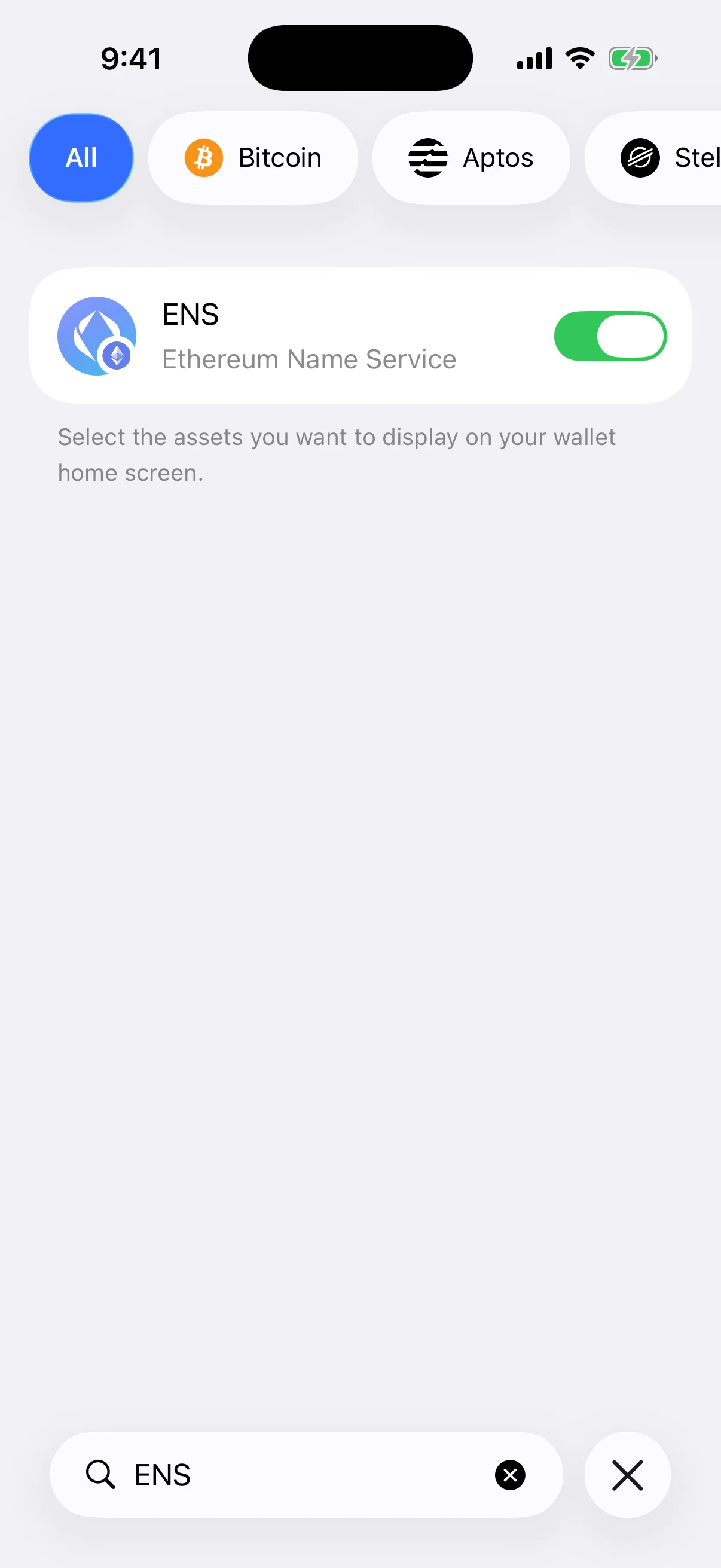 Real Oath Manage Your Assets search result showing Ethereum Name Service enabled after the verified contract was added