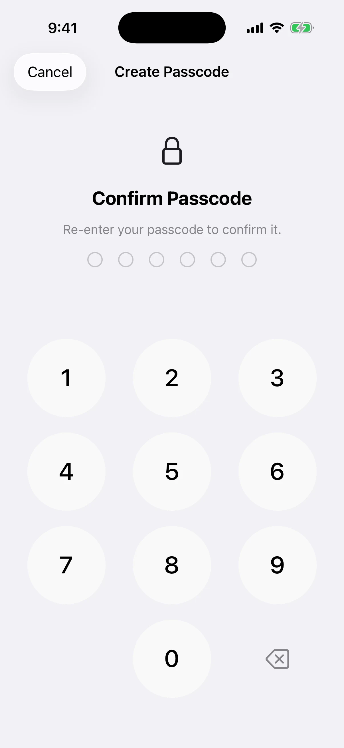 Real Oath Confirm Passcode screen in the iOS Simulator before any confirmation digit is entered