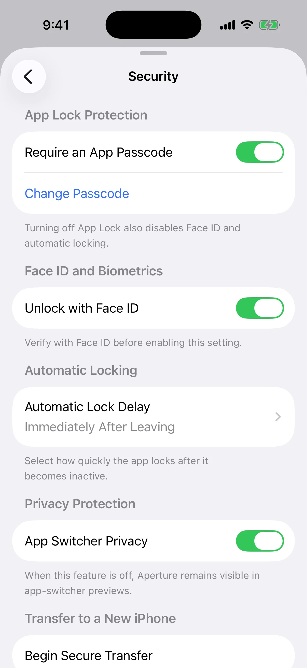 Real Oath Security settings with App Passcode, Face ID, immediate automatic locking, and App Switcher Privacy enabled