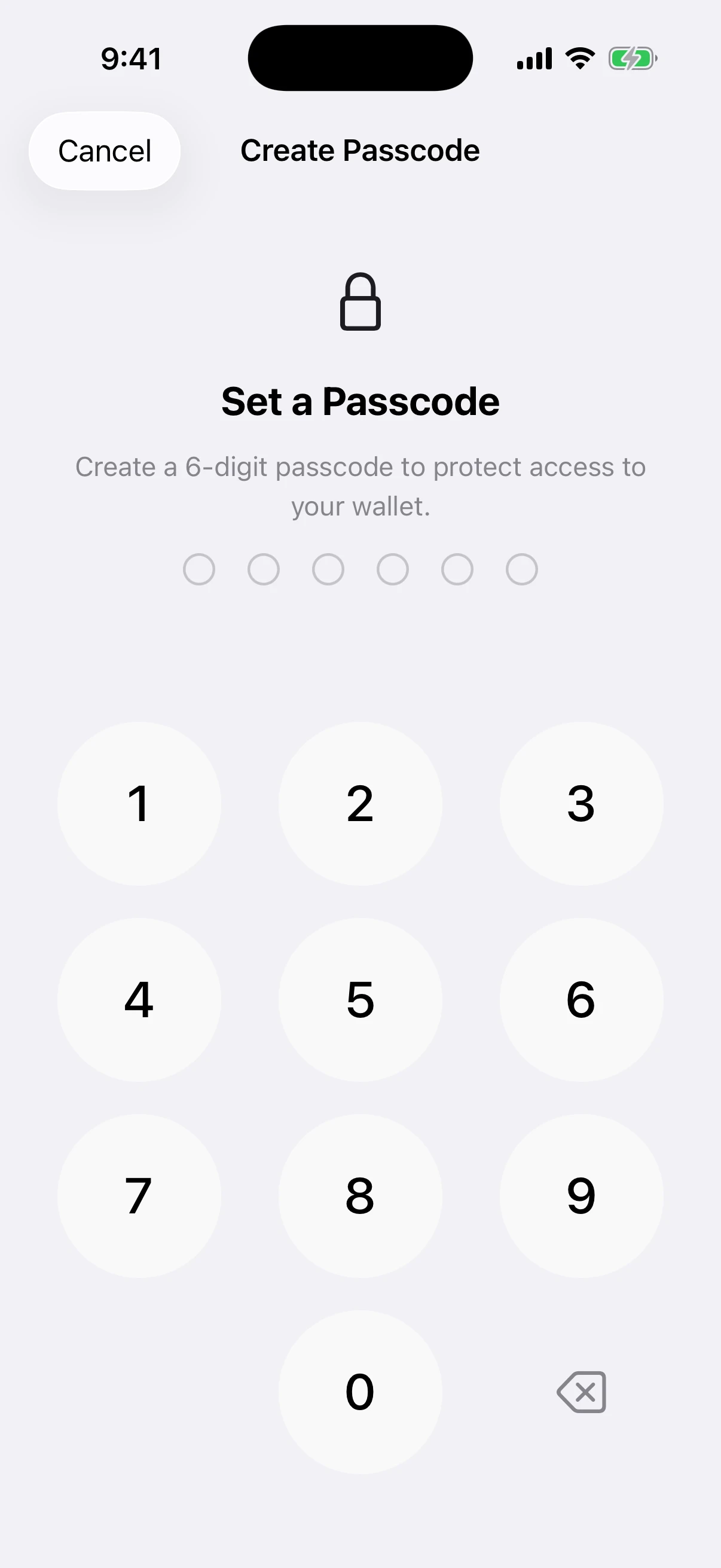 Real Oath App Lock setup screen in the iOS Simulator before any passcode digit is entered