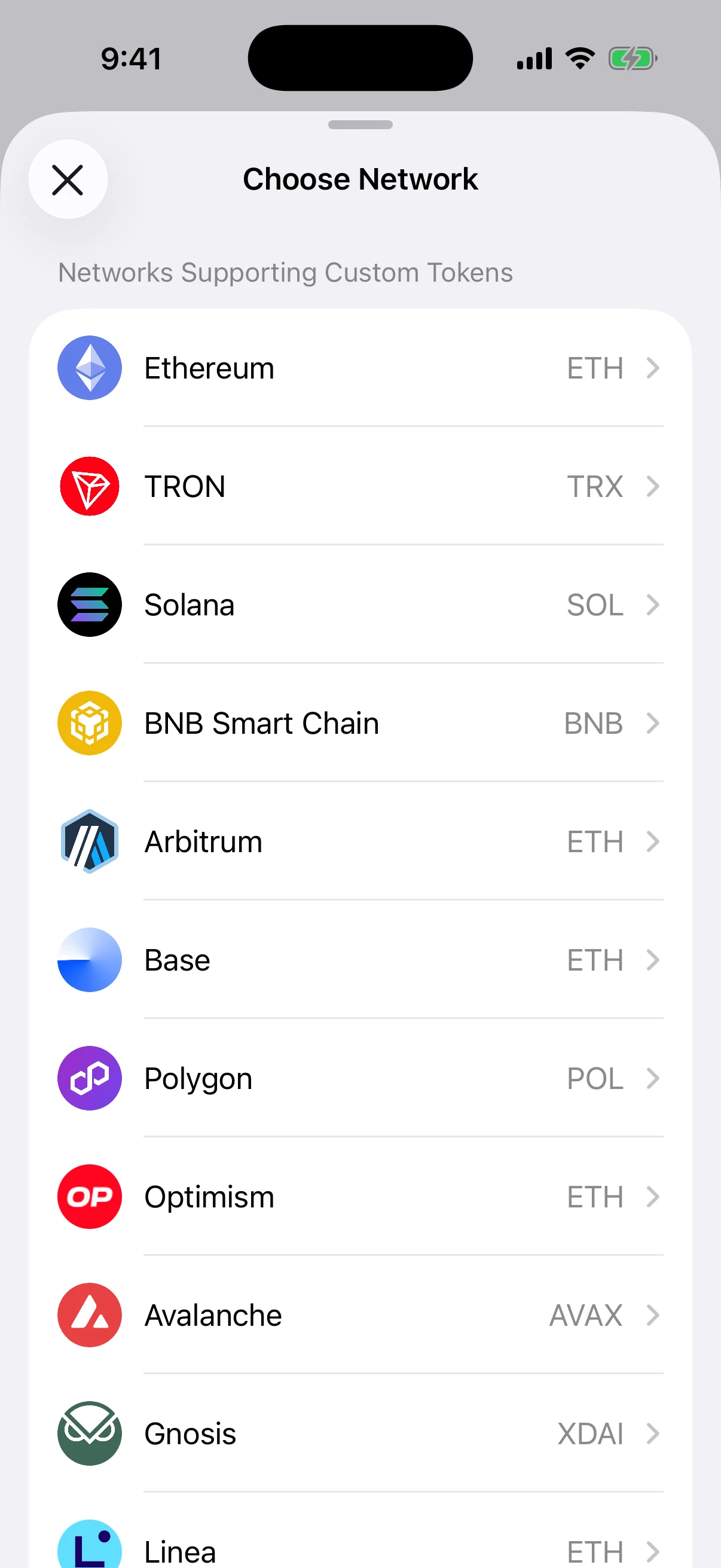 Real Oath custom-token network picker showing supported mainnets in the iOS Simulator