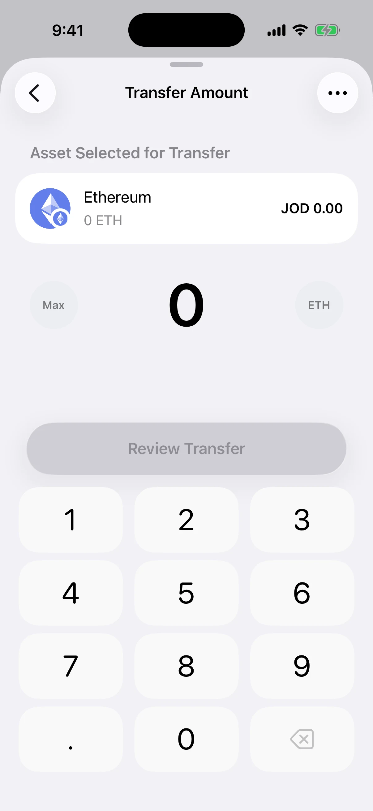 Oath Transfer Amount screen with exact amount controls, Max, asset unit, Review Transfer, and the ASCII keypad