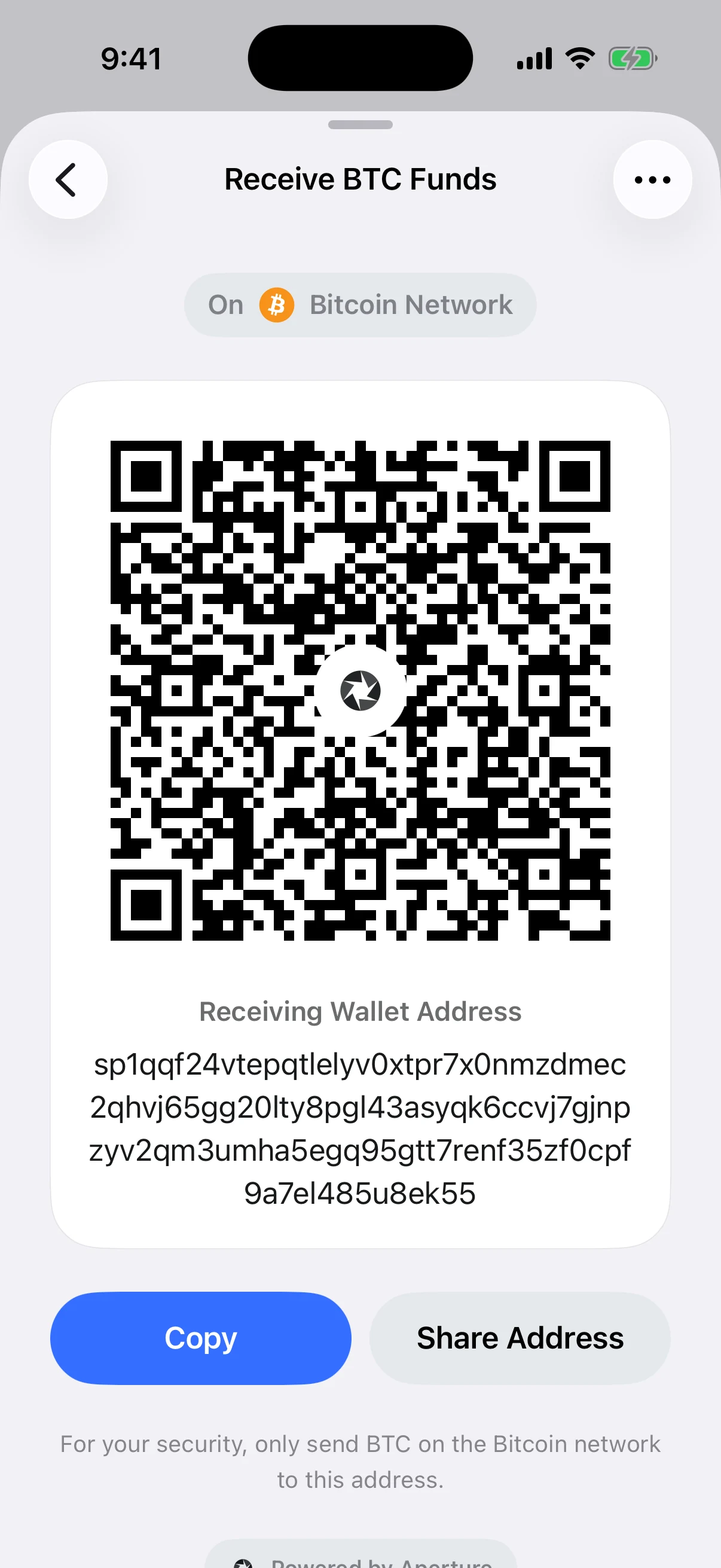 Real Oath Bitcoin Receive screen in the iOS Simulator showing the reusable Silent Payment address option for an empty article-only wallet