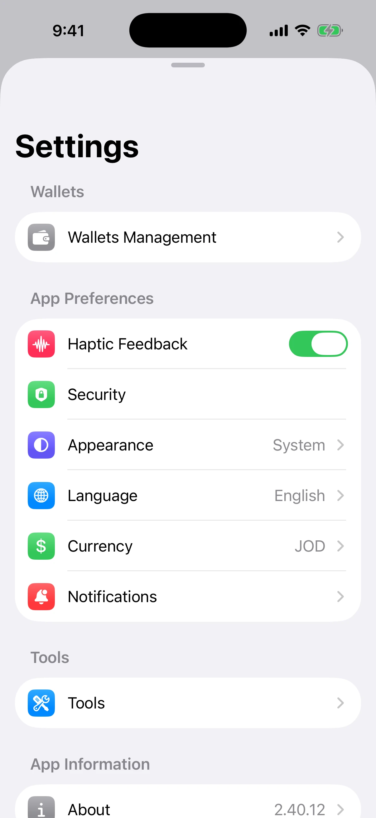 Real Oath Settings screen in the iOS Simulator with Wallets Management and Security destinations