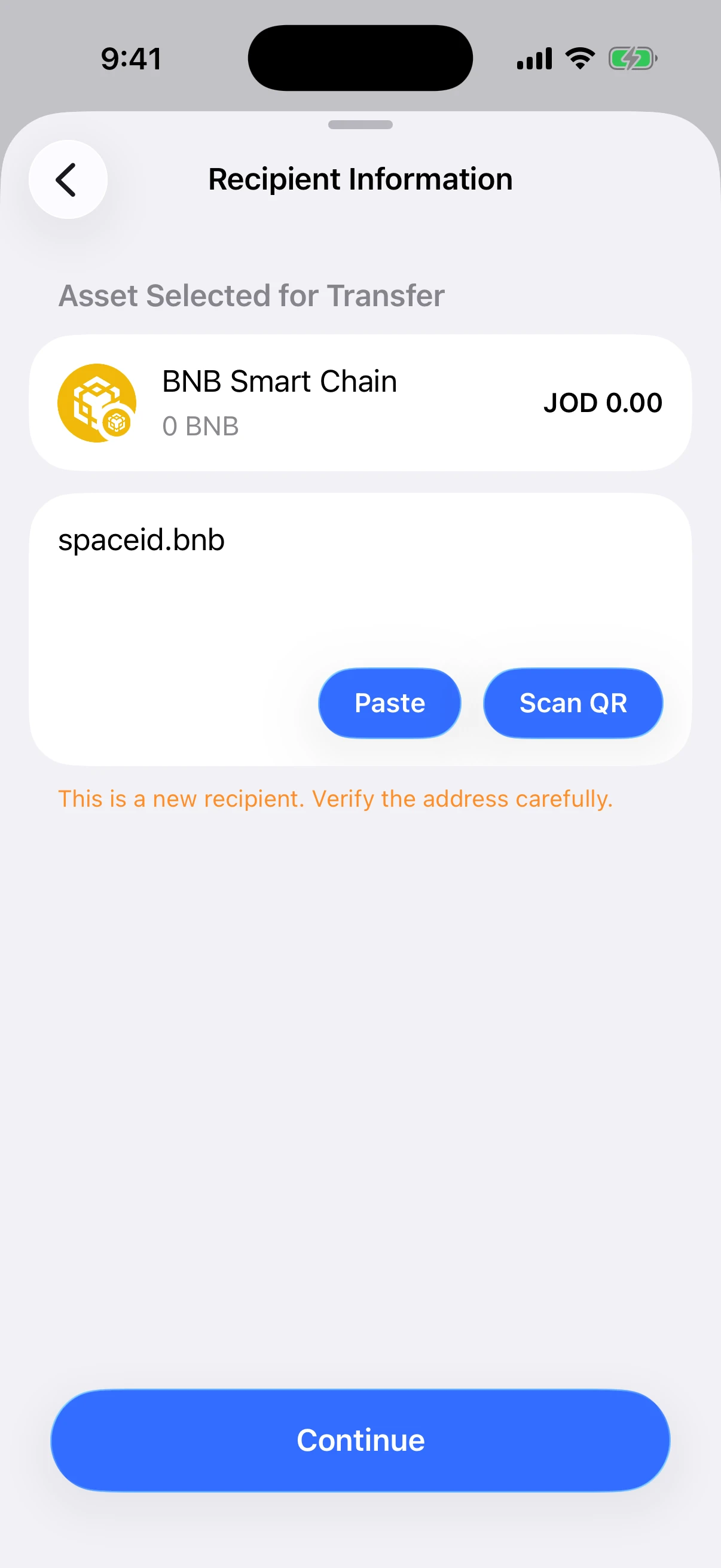 Real Oath iOS Simulator screen showing spaceid.bnb successfully resolved for a BNB Smart Chain transfer