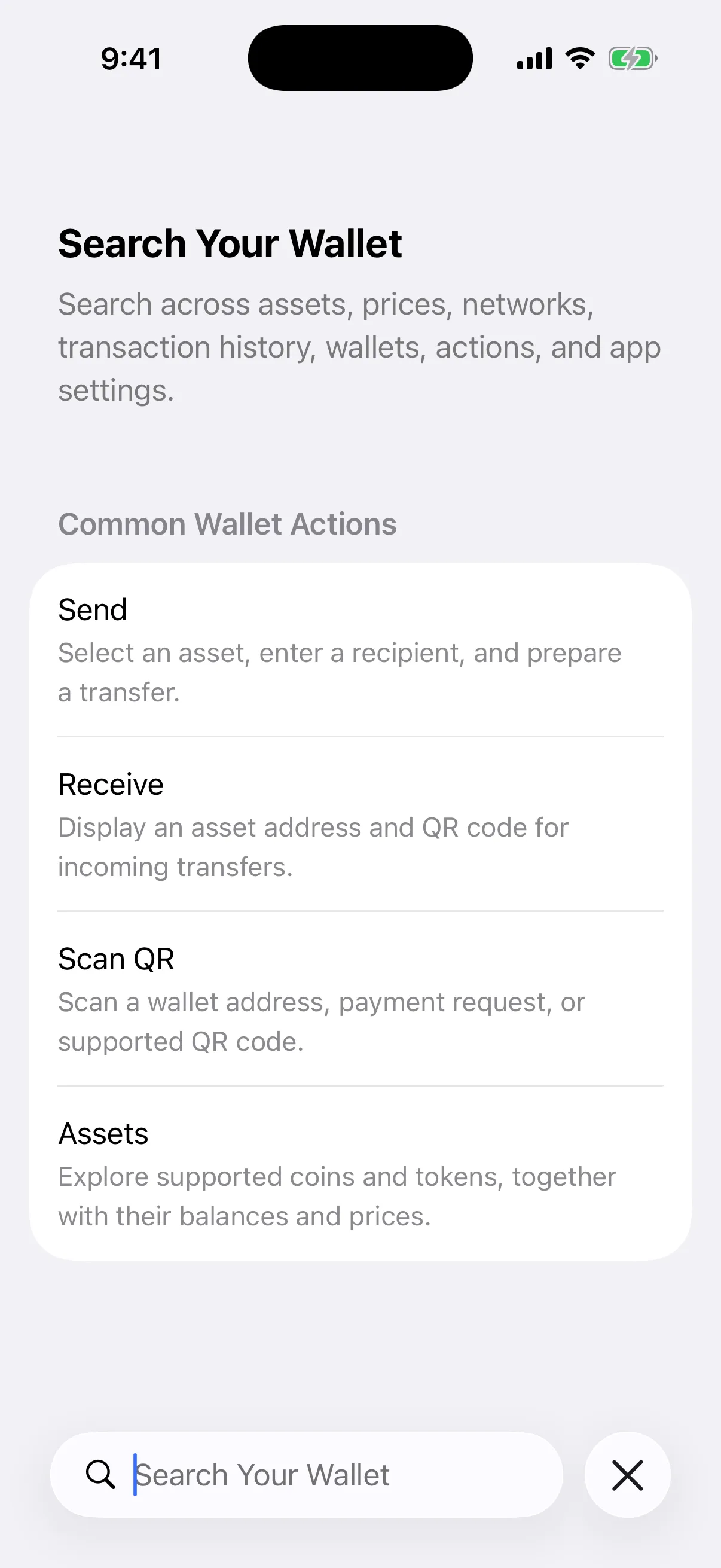 Real Oath Universal Search start screen in the iOS Simulator showing Send, Receive, Scan QR, and Assets suggestions