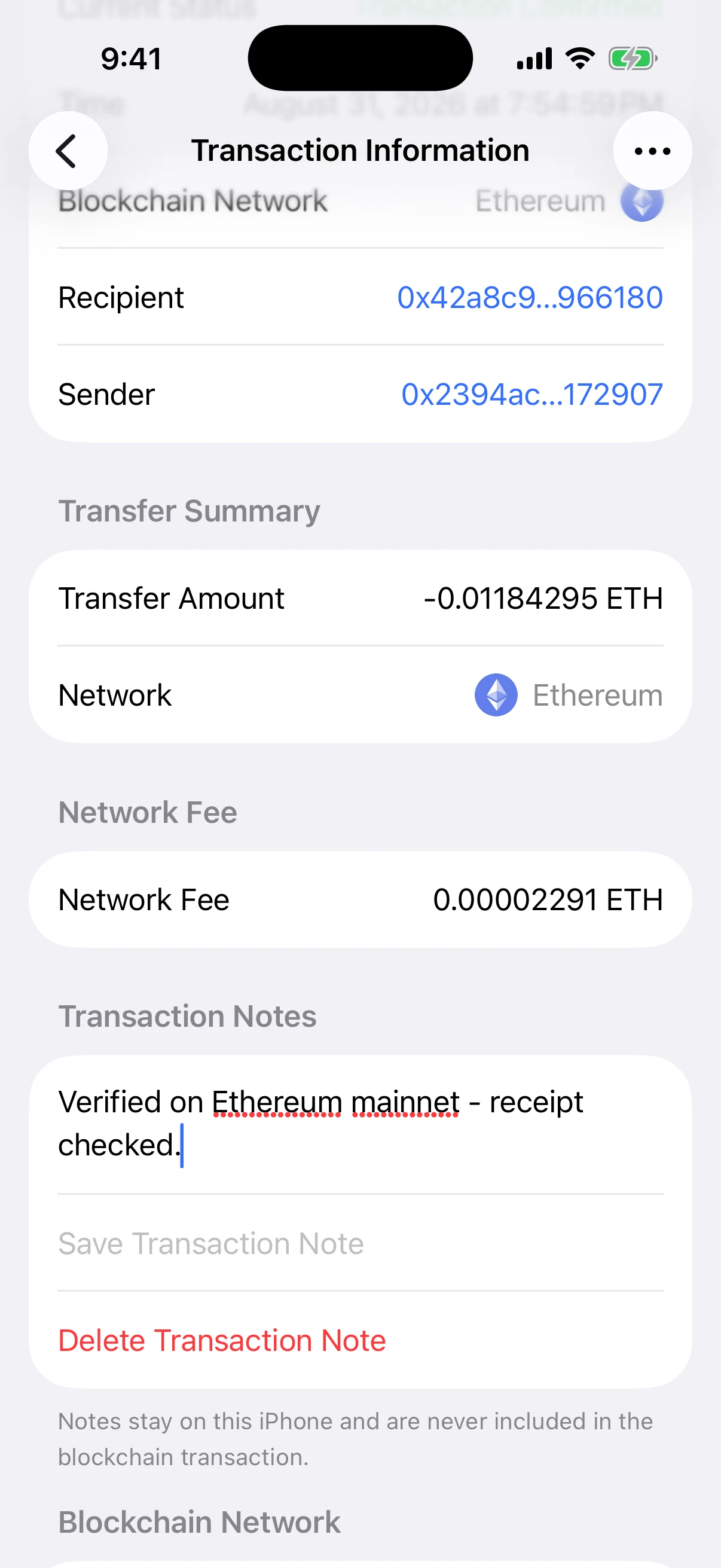 Real Oath transaction screen showing a saved device-local mainnet verification note and its delete action