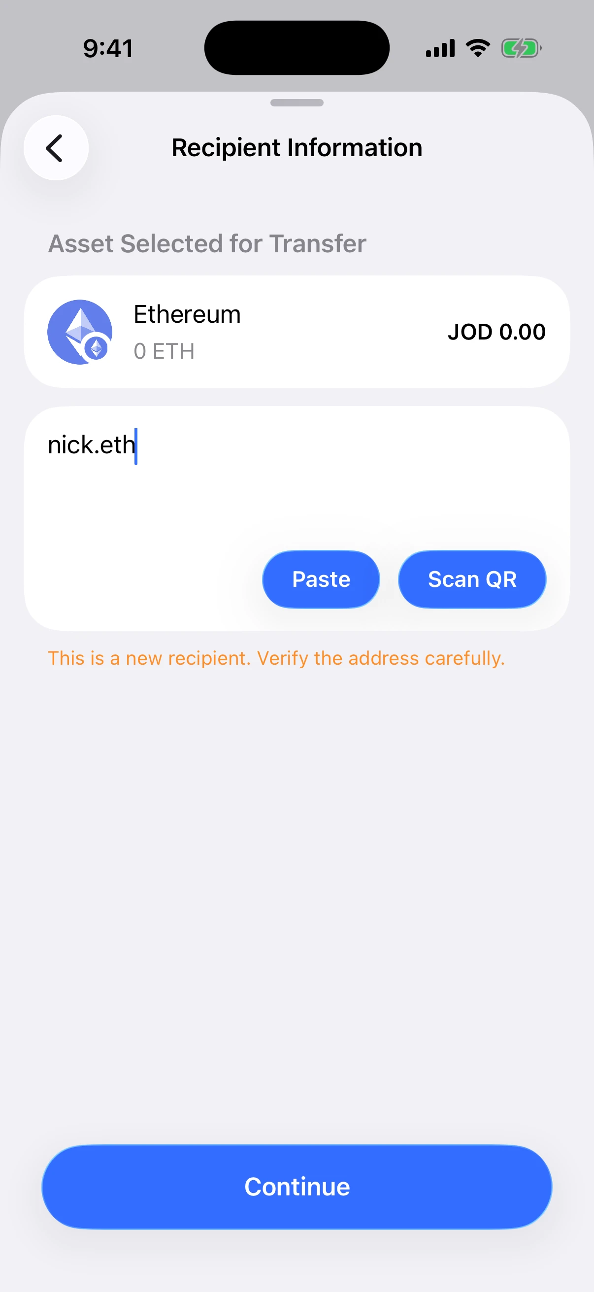 Real Oath iOS Simulator screen showing nick.eth successfully resolved for an Ethereum transfer with Continue enabled