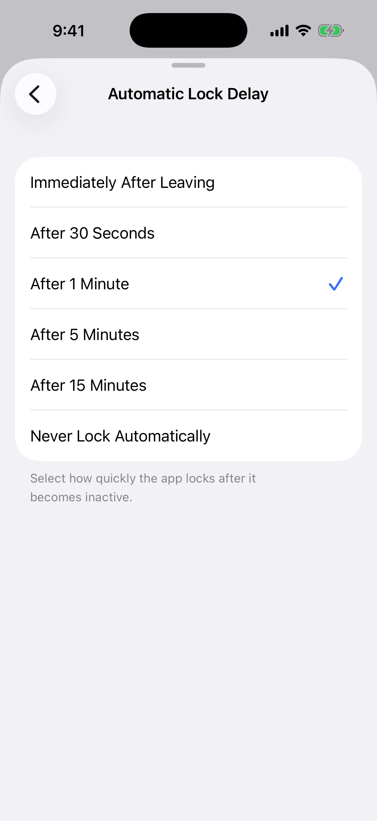 Real Oath Automatic Lock Delay screen listing immediate, timed, and never-lock choices