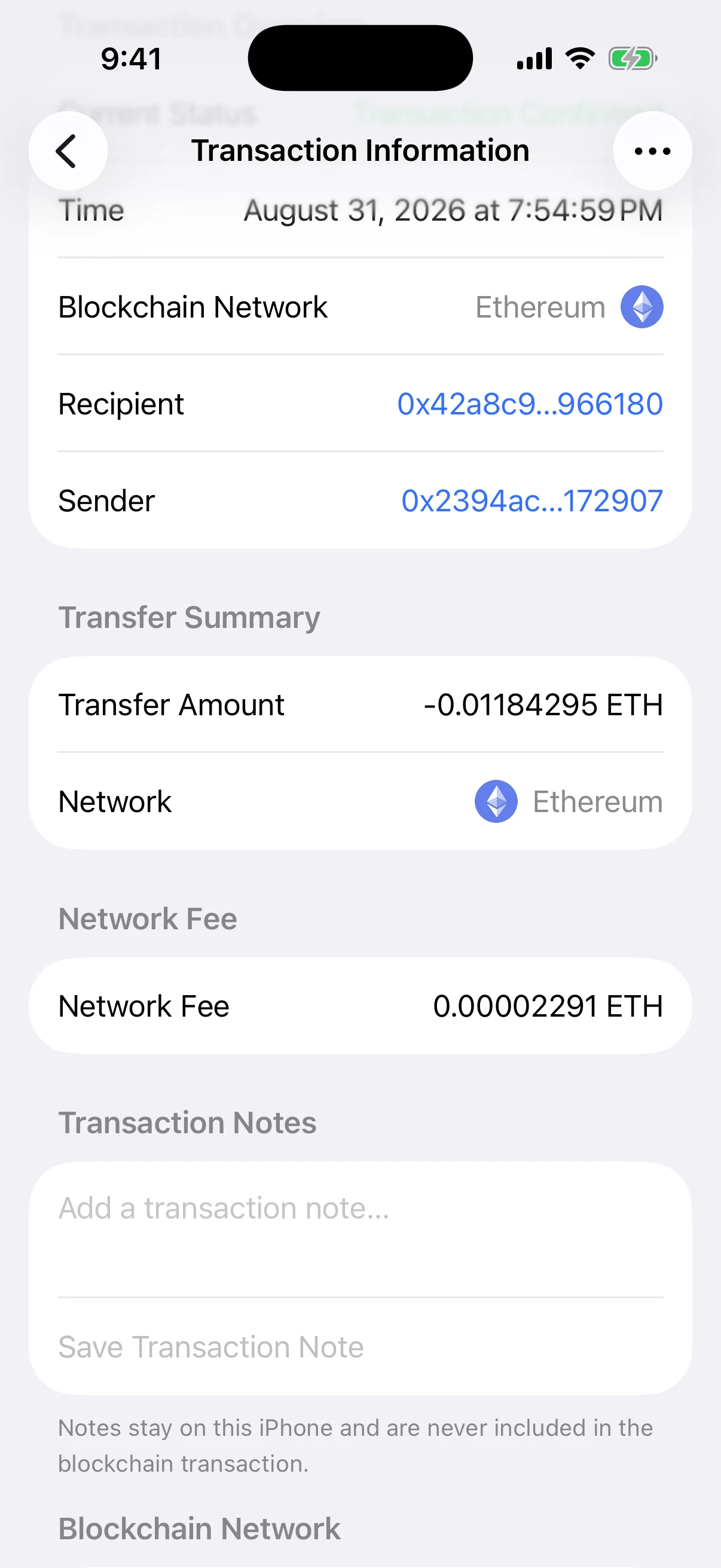 Real Oath transaction screen showing the transfer amount, separate Ethereum network fee, empty local-note field, and on-device note disclosure