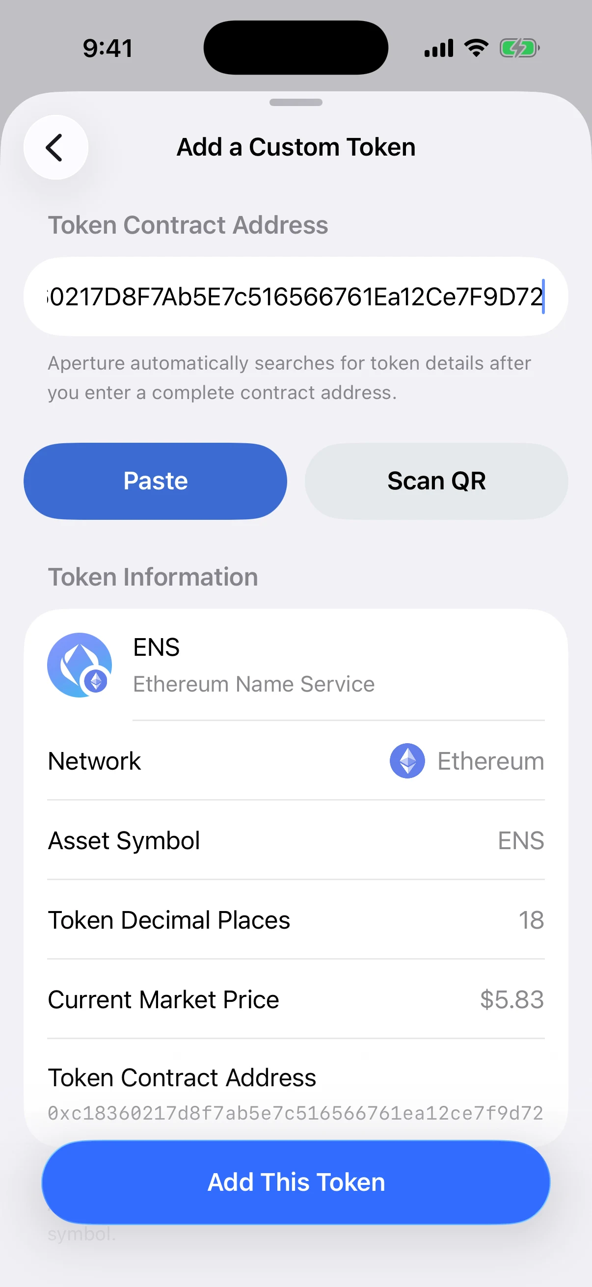 Real Oath token review showing the ENS name, symbol, Ethereum network, 18 decimal places, market price, and normalized contract address