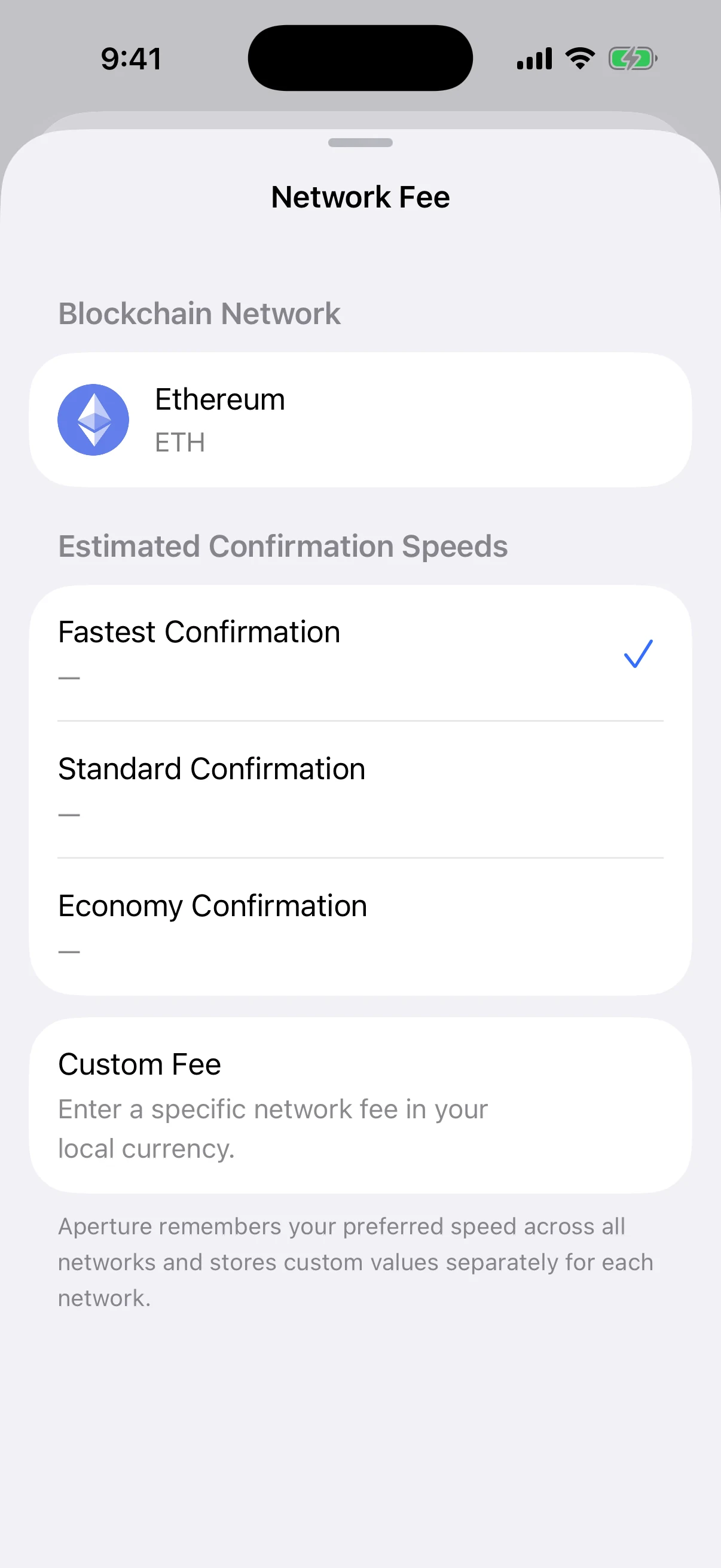 Oath Network Fee screen showing Fastest, Standard, Economy, and Custom fee choices for Ethereum