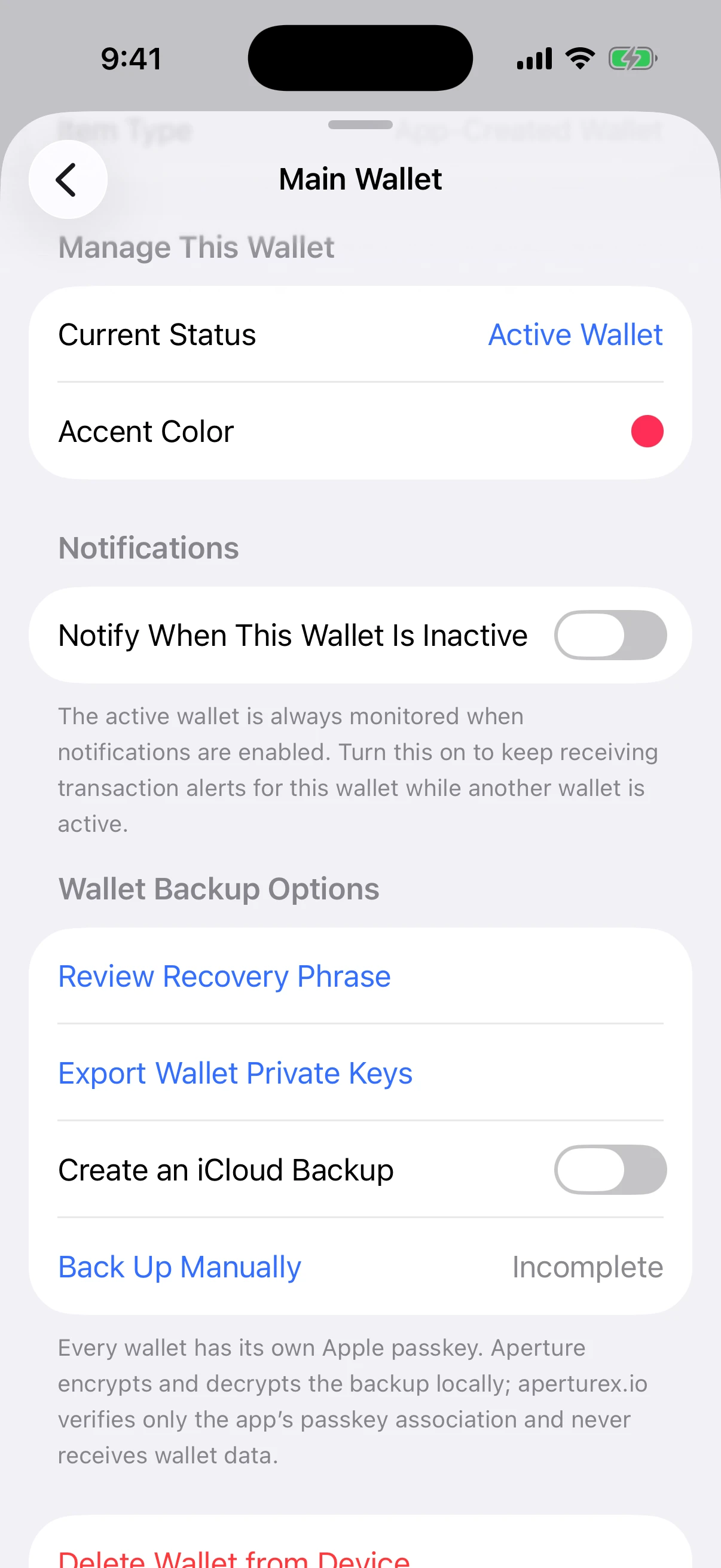 Real Oath wallet backup options explaining that every wallet has its own Apple passkey and backup encryption happens locally