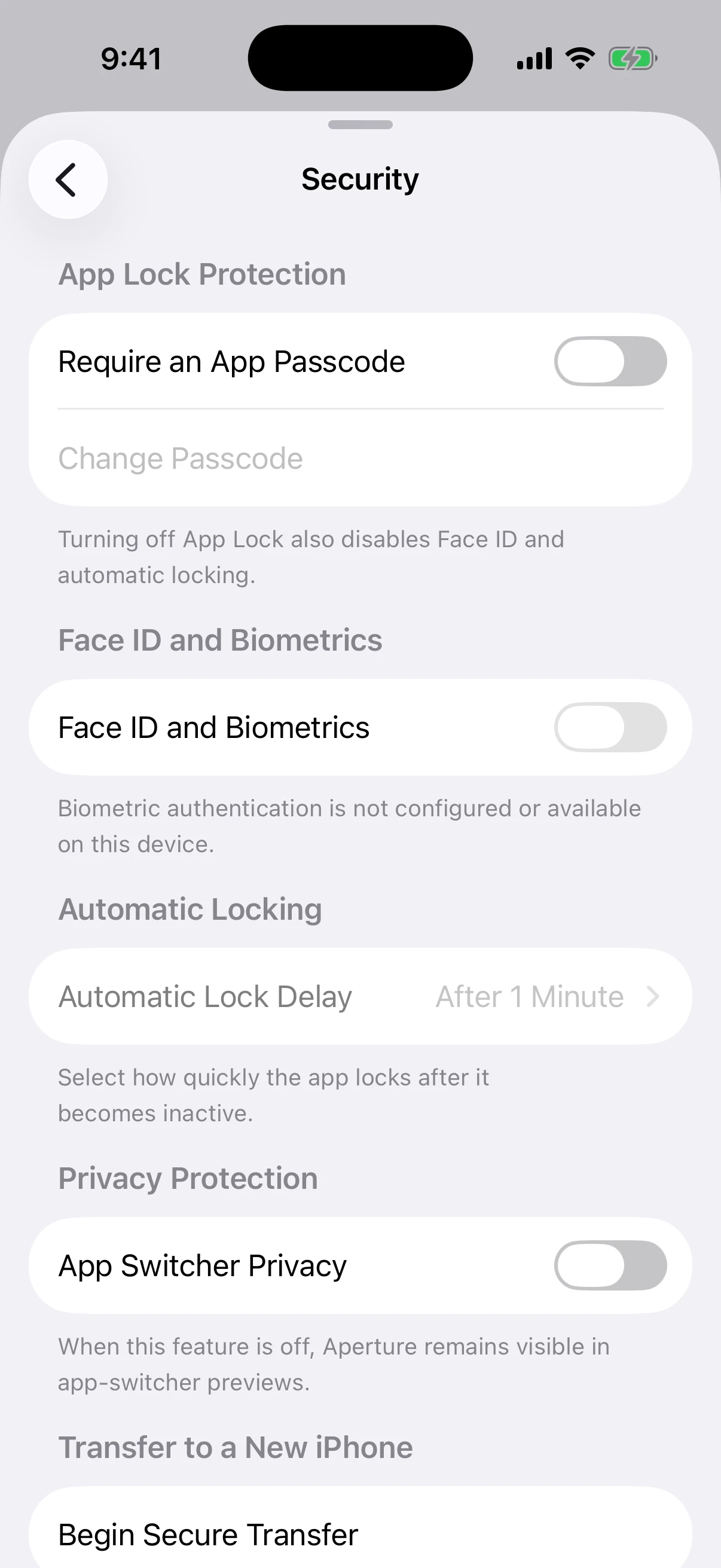 Real Oath Security settings in the iOS Simulator with App Lock, biometrics, automatic locking, privacy, and secure transfer controls