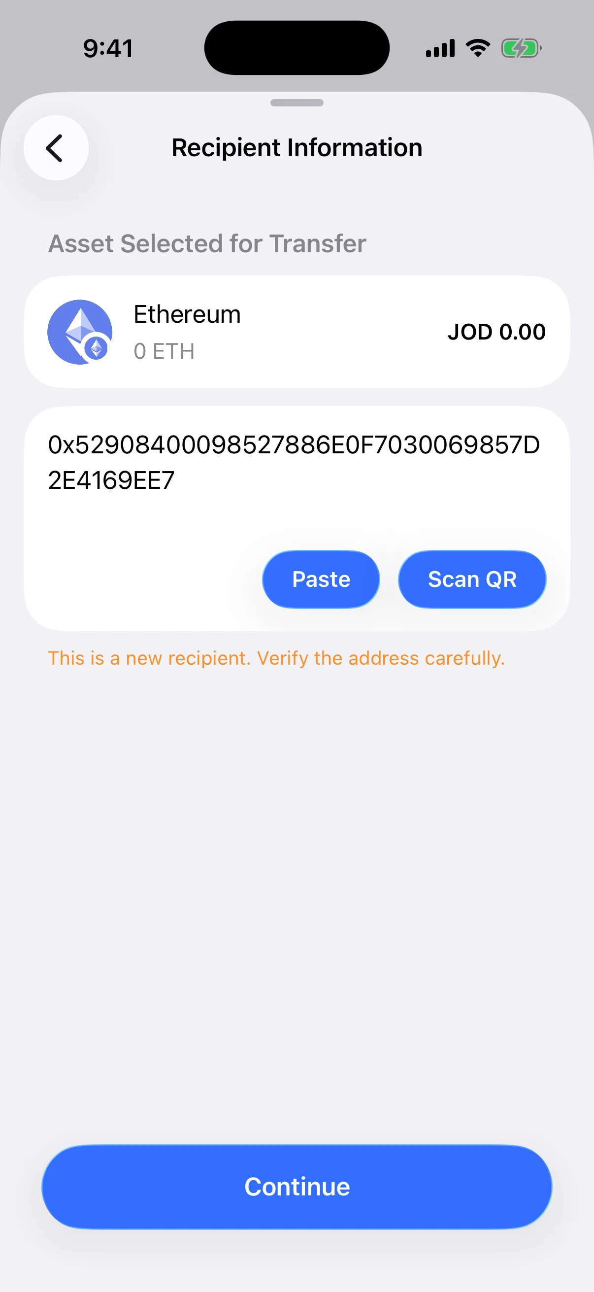 Oath Recipient Information screen validating a public EIP-55 example address and warning that it is a new recipient