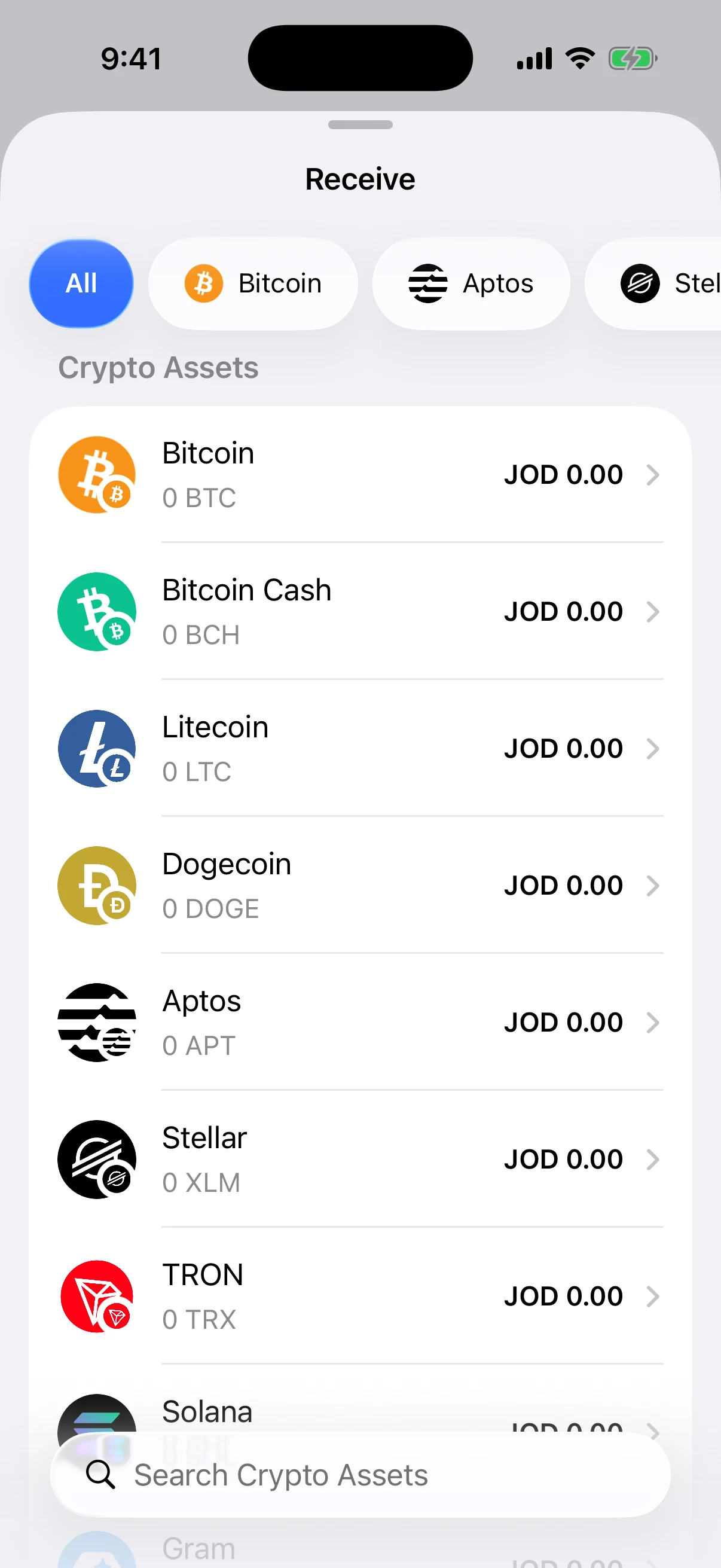 Real Oath Receive screen in the iOS Simulator with an All network filter and mainnet-specific asset rows