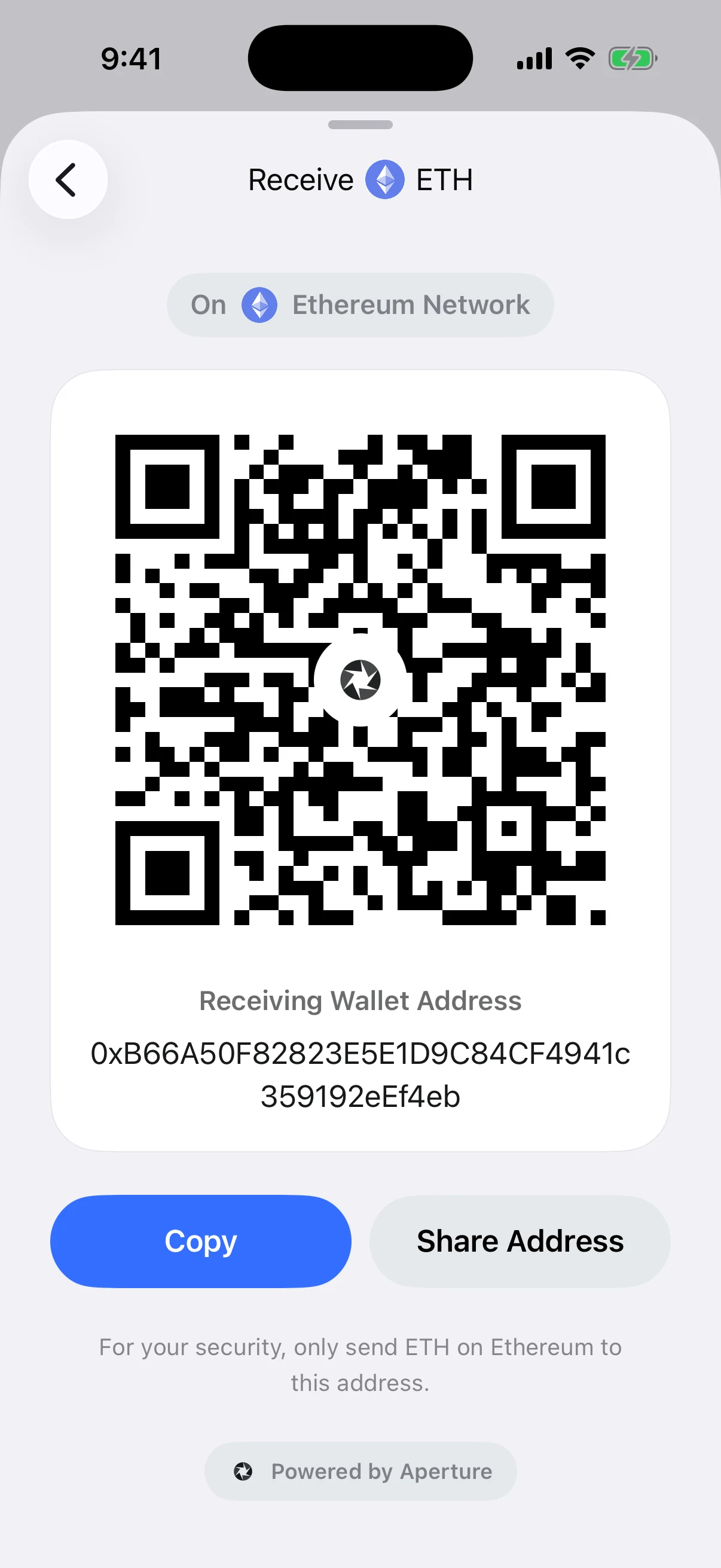 Real Oath Ethereum receive screen in the iOS Simulator with an explicit Ethereum Network label and public article-only test address