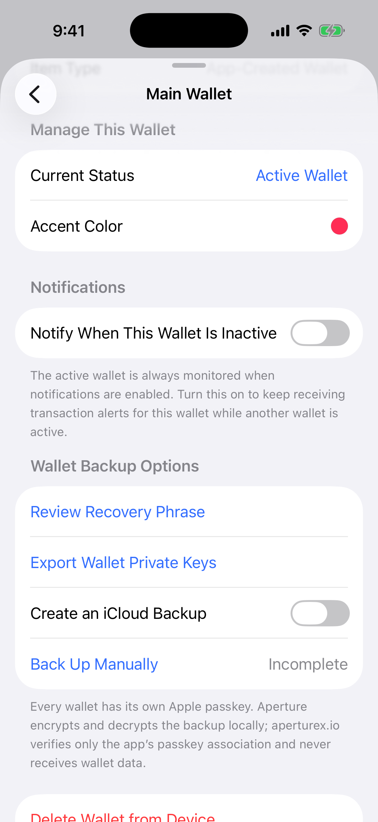 Oath wallet settings showing iCloud Backup and manual backup options