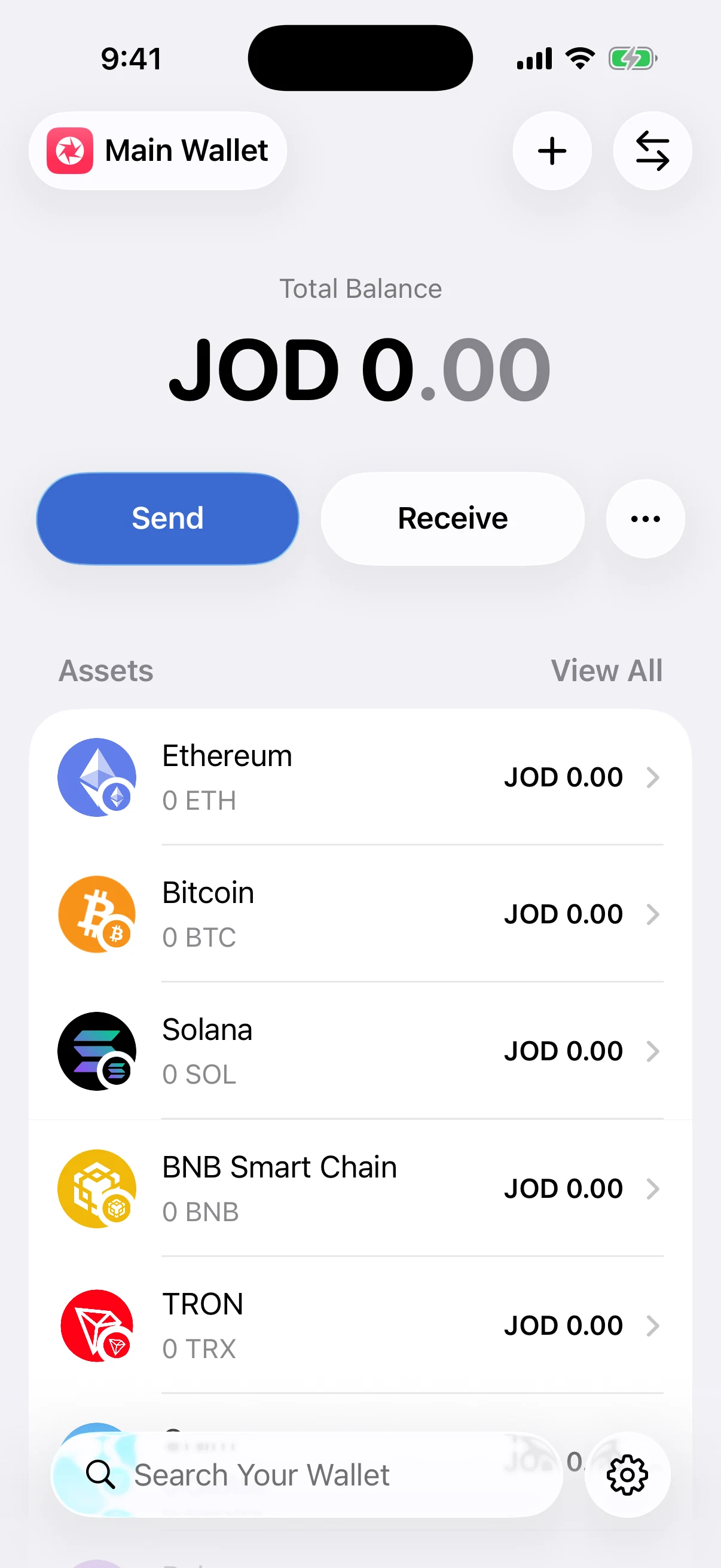 Real Oath home screen in the iOS Simulator showing Ethereum, Bitcoin, Solana, BNB Smart Chain, and TRON assets in one wallet