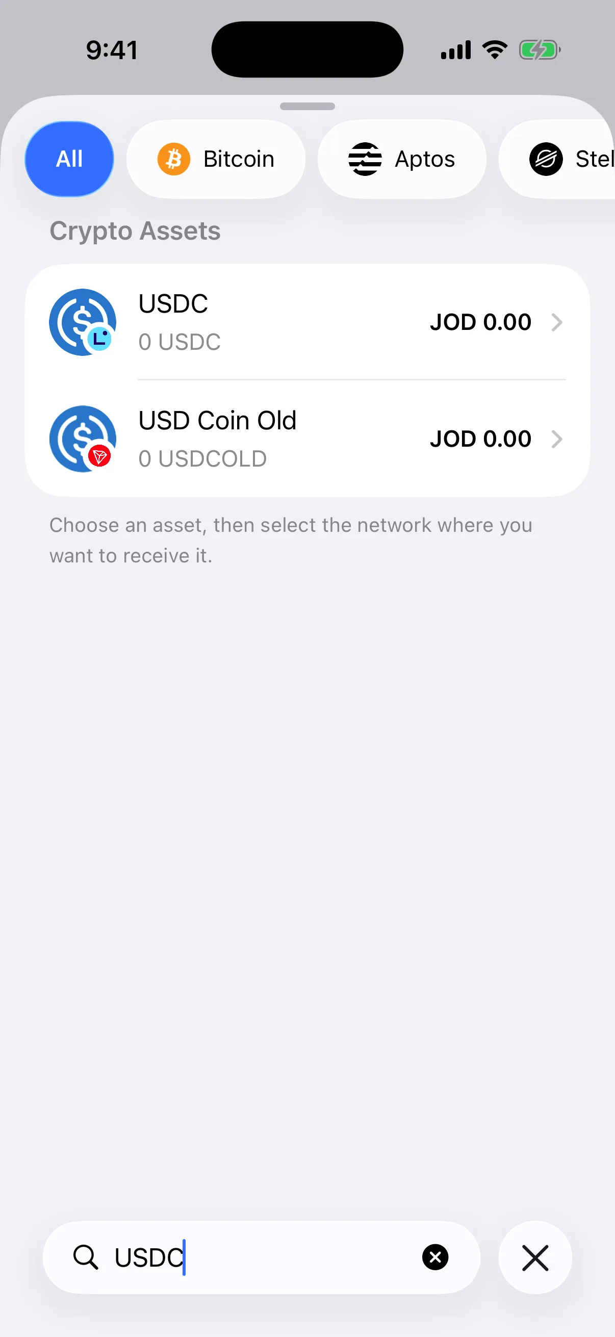 Real Oath Receive search results in the iOS Simulator for USDC
