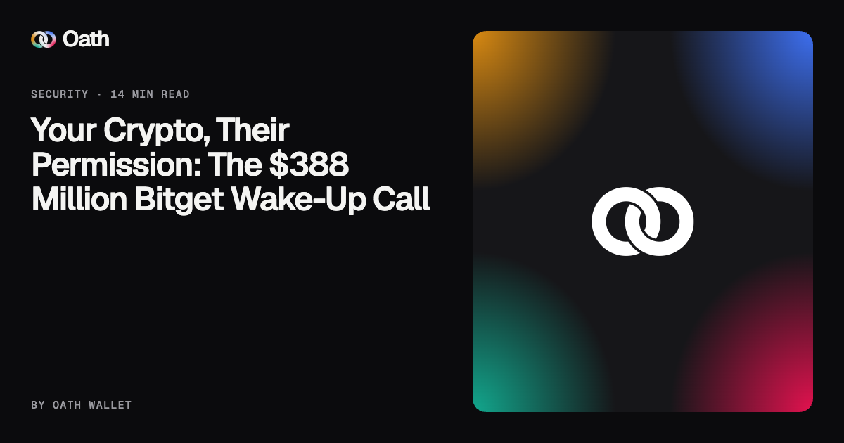 Oath Wallet article cover: Your Crypto, Their Permission: The $388 Million Bitget Wake-Up Call, with the current interlocking-ring Oath logo on the official dark article template.