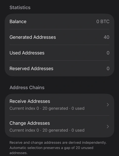 A cropped real Oath Native SegWit account screen showing statistics and separate receive and change chains.