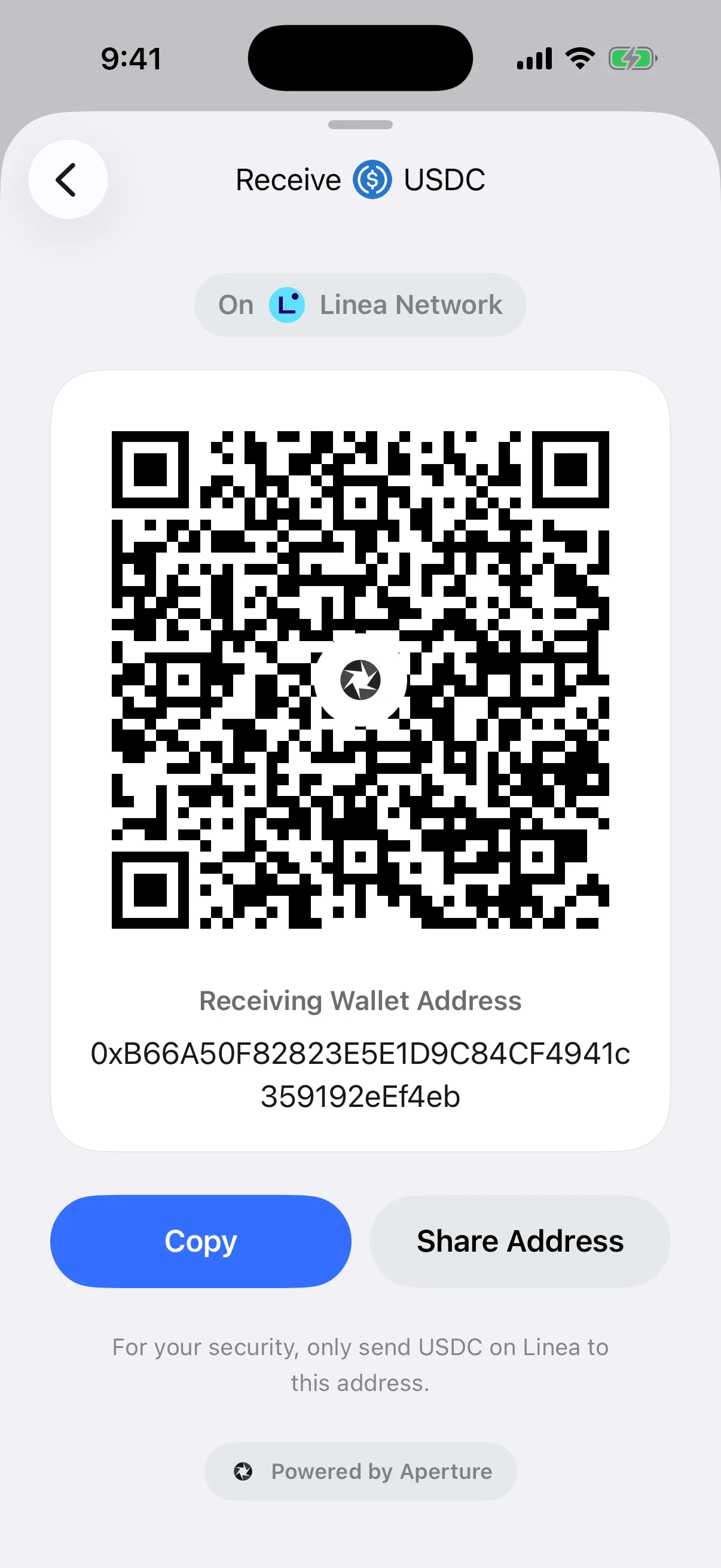 Real Oath USDC receive card in the iOS Simulator labeled for Linea with QR code, public address, and network warning