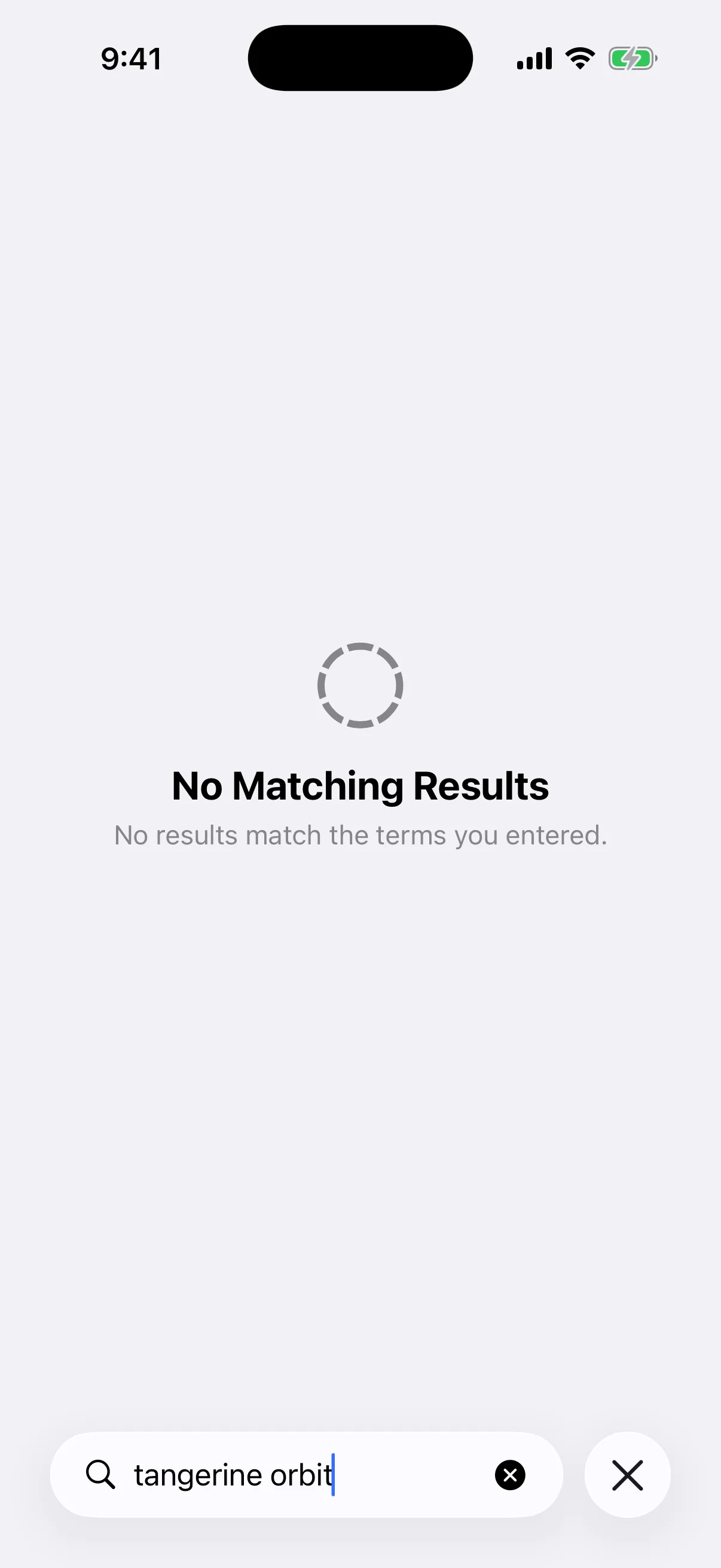 Real Oath Universal Search no-results state in the iOS Simulator for an unmatched two-term query
