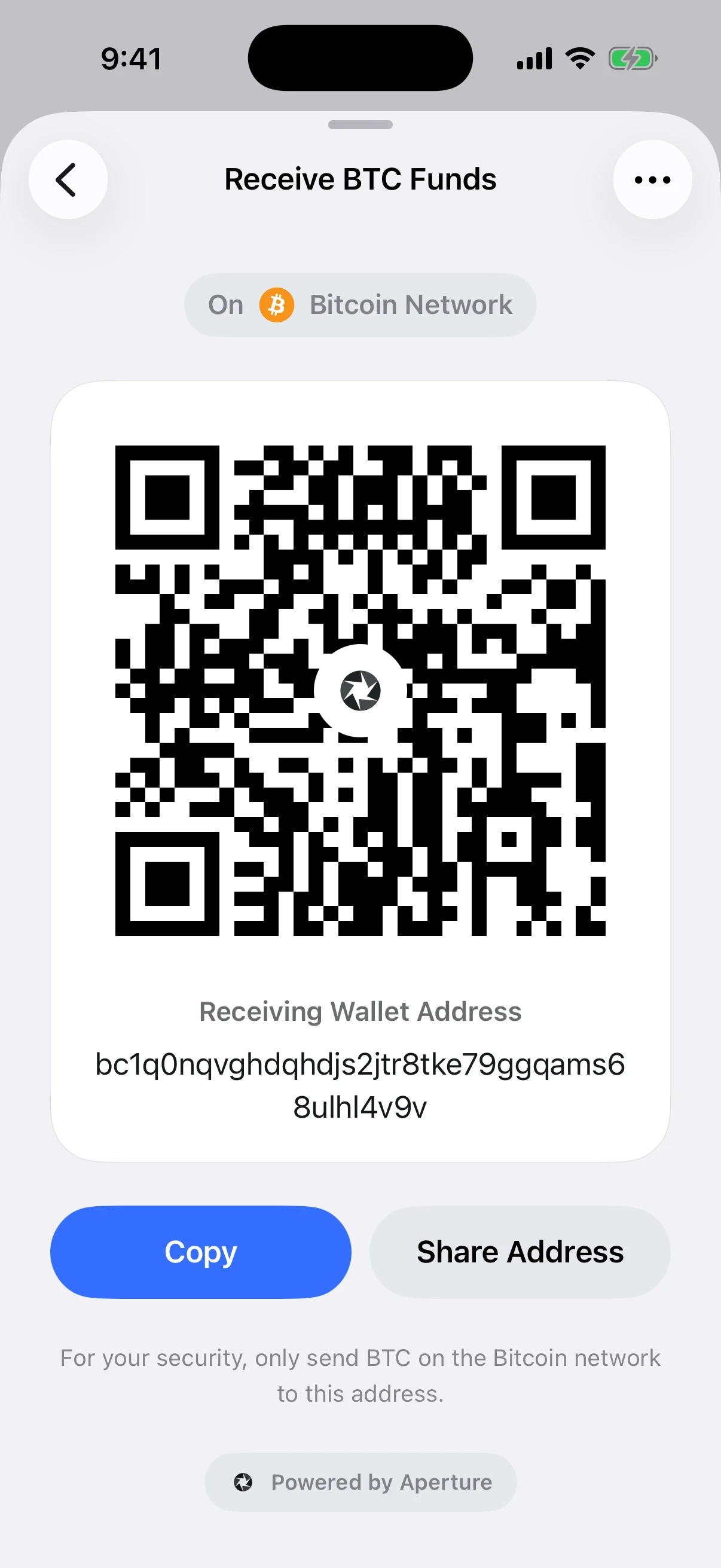 Real Oath Bitcoin Receive screen in the iOS Simulator showing a fresh BIP84 Native SegWit address from an empty article-only wallet