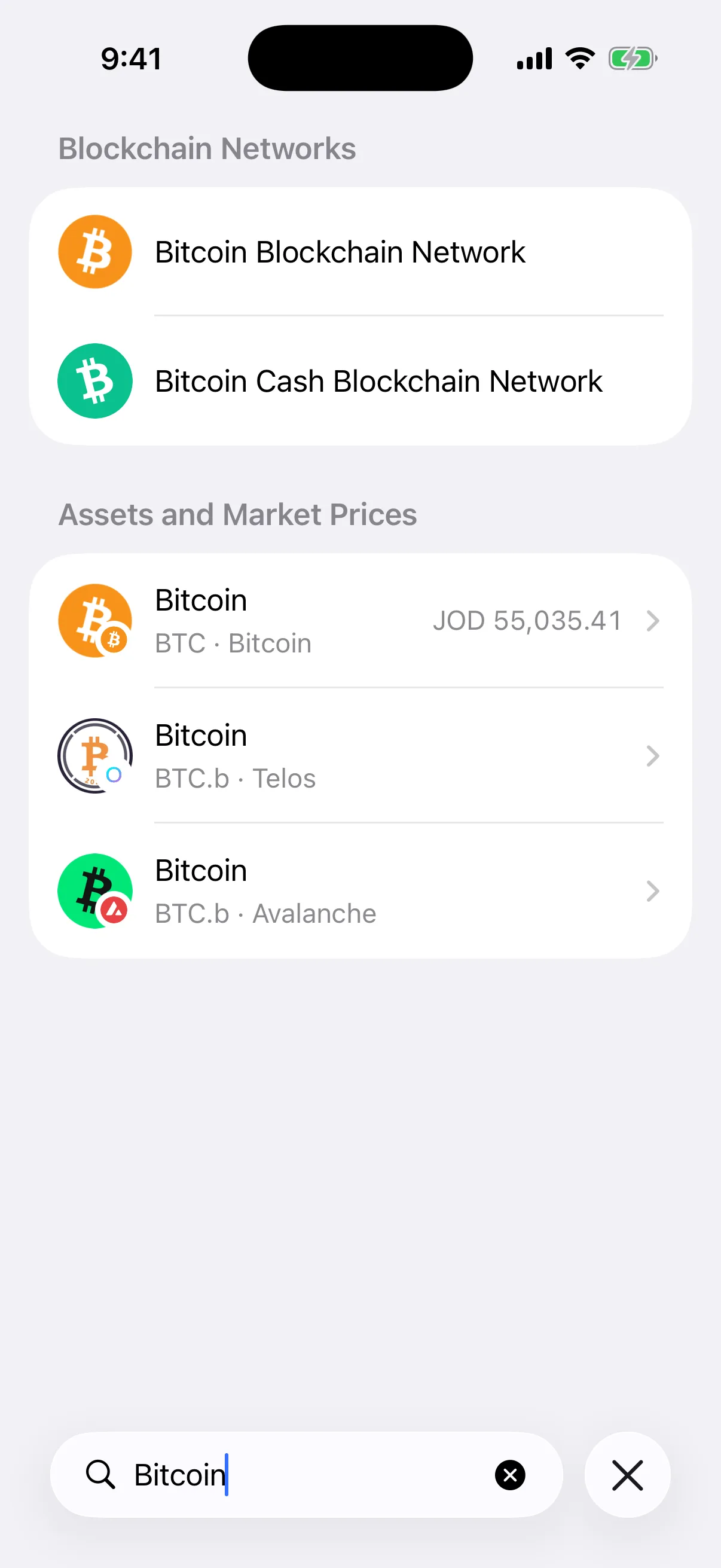 Real Oath Universal Search results in the iOS Simulator for Bitcoin across blockchain networks, assets, and market prices