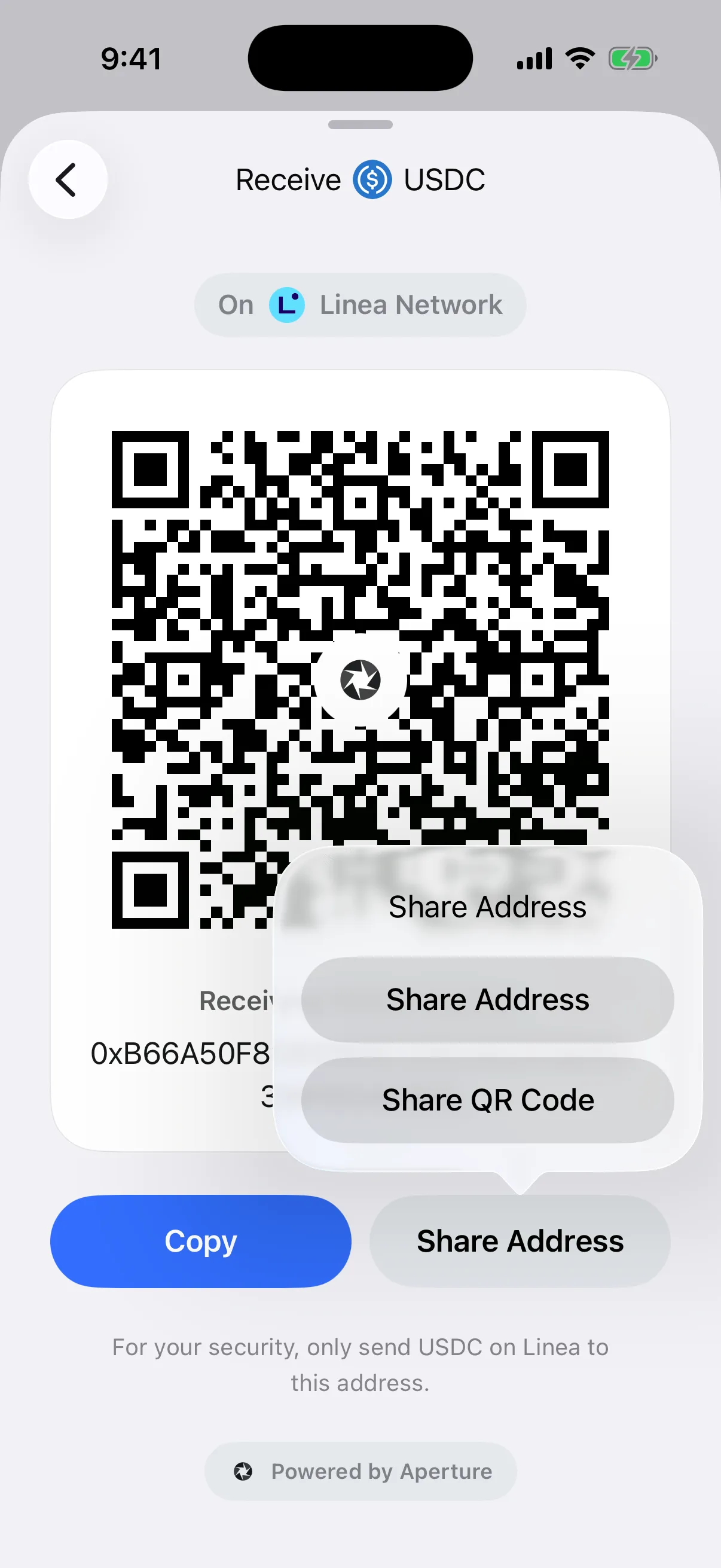 Real Oath receive sharing menu in the iOS Simulator offering Share Address and Share QR Code