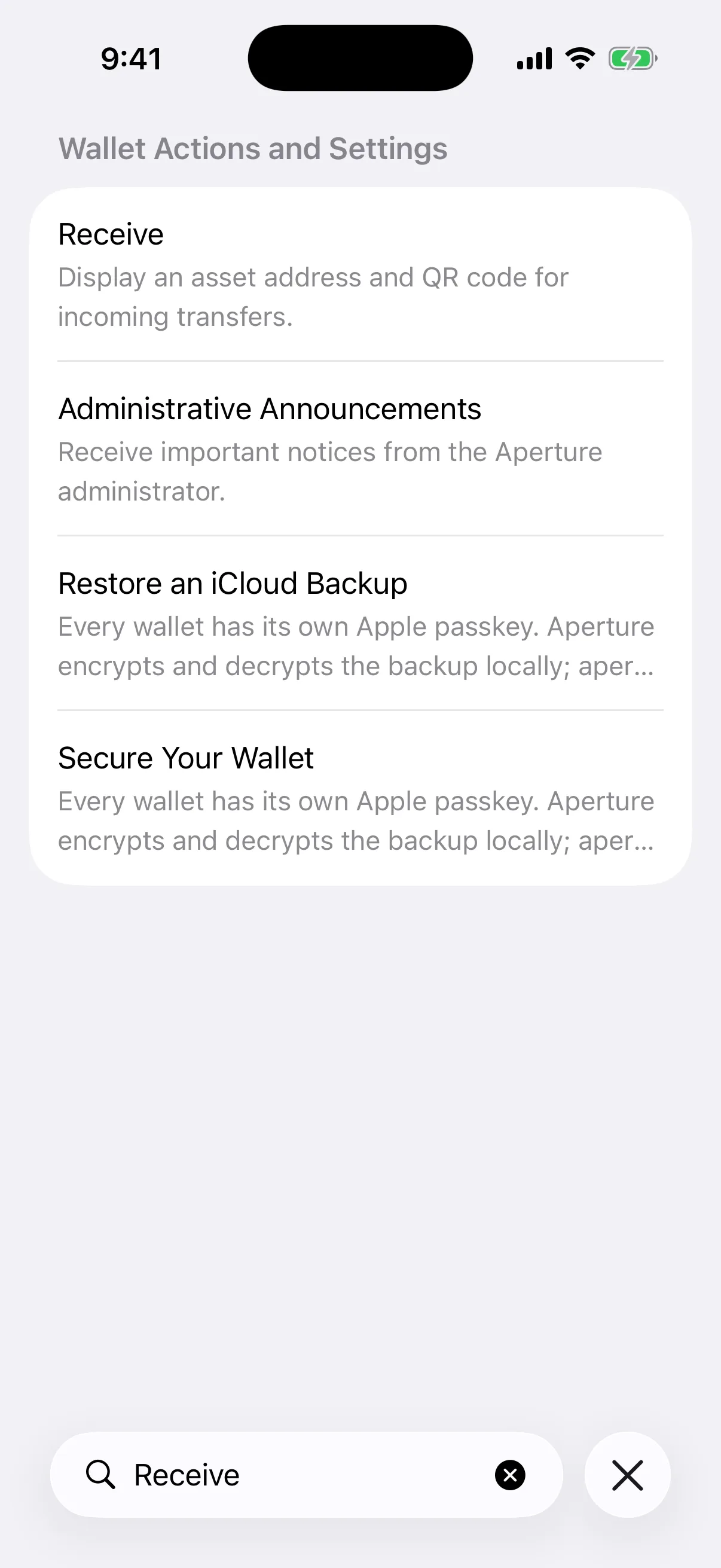Real Oath Universal Search results in the iOS Simulator for Receive, including the Receive action and related settings
